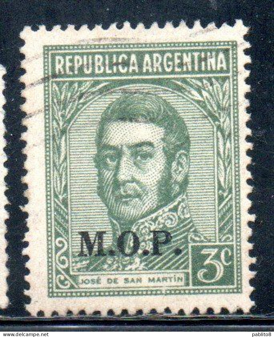 ARGENTINA 1935 1937 OFFICIAL DEPARTMENT STAMP OVERPRINTED M.O.P. MINISTRY OF PUBLIC WORKS MOP 3c USED USADO - Dienstmarken