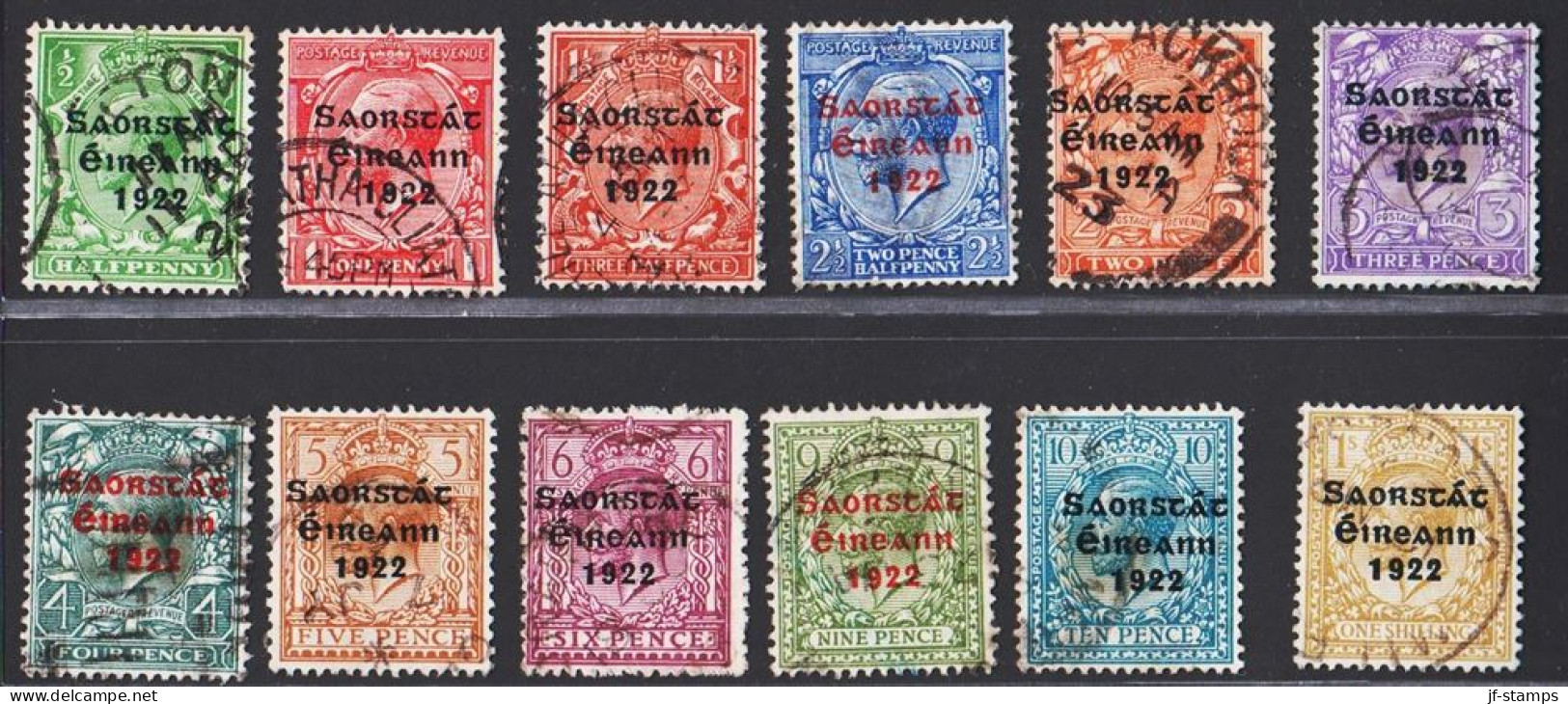 1922. EIRE. Georg V Complete Set With 12 Stamps Overprinted In BLACK/RED In Three Lines. Bo... (Michel 25-36) - JF544505 - Used Stamps