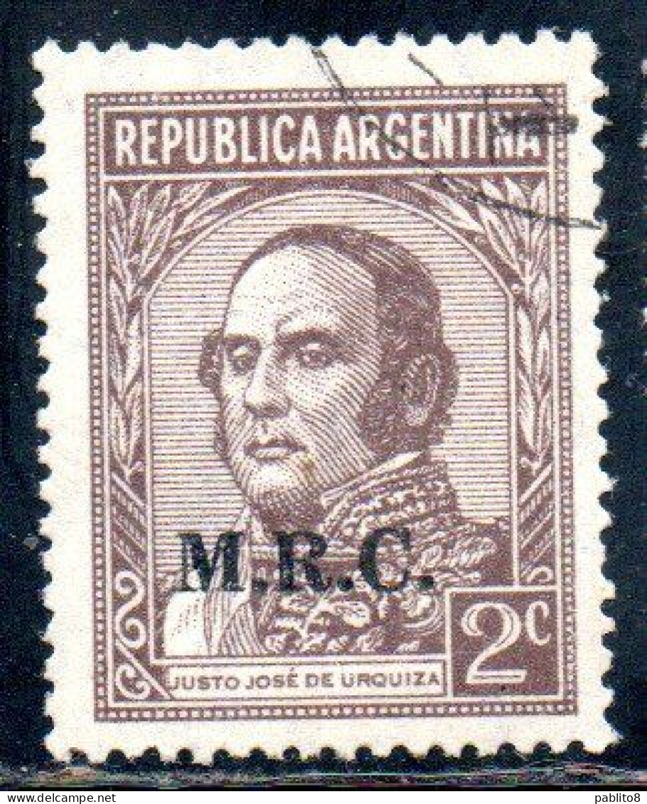 ARGENTINA 1935 1937 OFFICIAL DEPARTMENT STAMP OVERPRINTED M.R.C. MINISTRY OF FOREIGN AFFAIRS RELIGION MRC 2c USED USADO - Dienstmarken