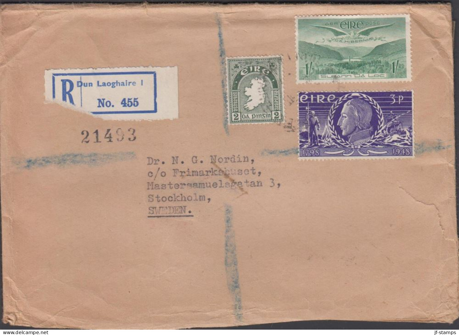 1949. EIRE. 1 Sh AIR MAIL + 2 + Theobald Wolfe Tone 3 P On Registered Cover (tear) To Sweden... (Michel 101+) - JF432466 - Covers & Documents