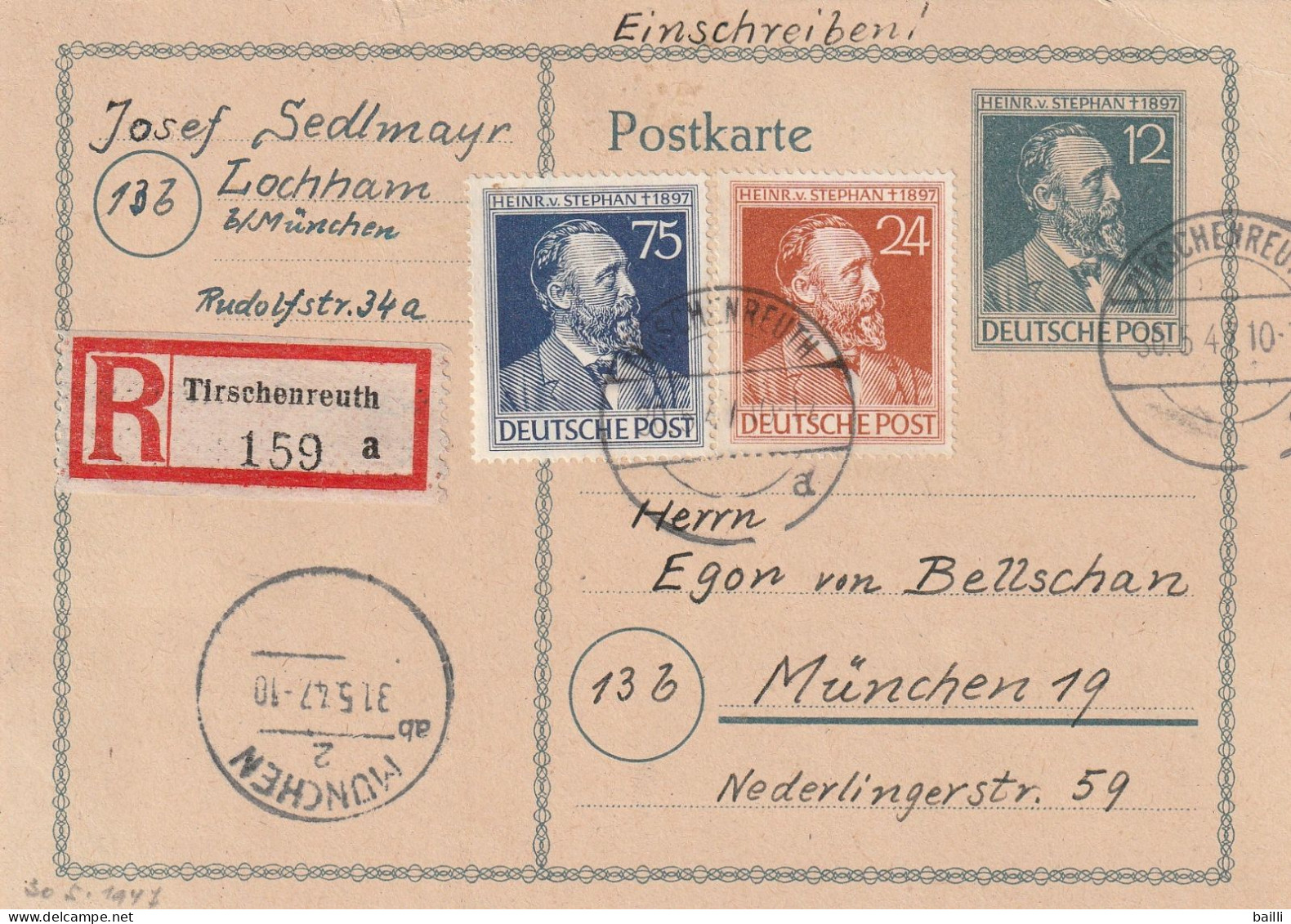 Allemagne Zone AAS Entier Postal Recommandé Tirschenreuth 1947 - Postal  Stationery