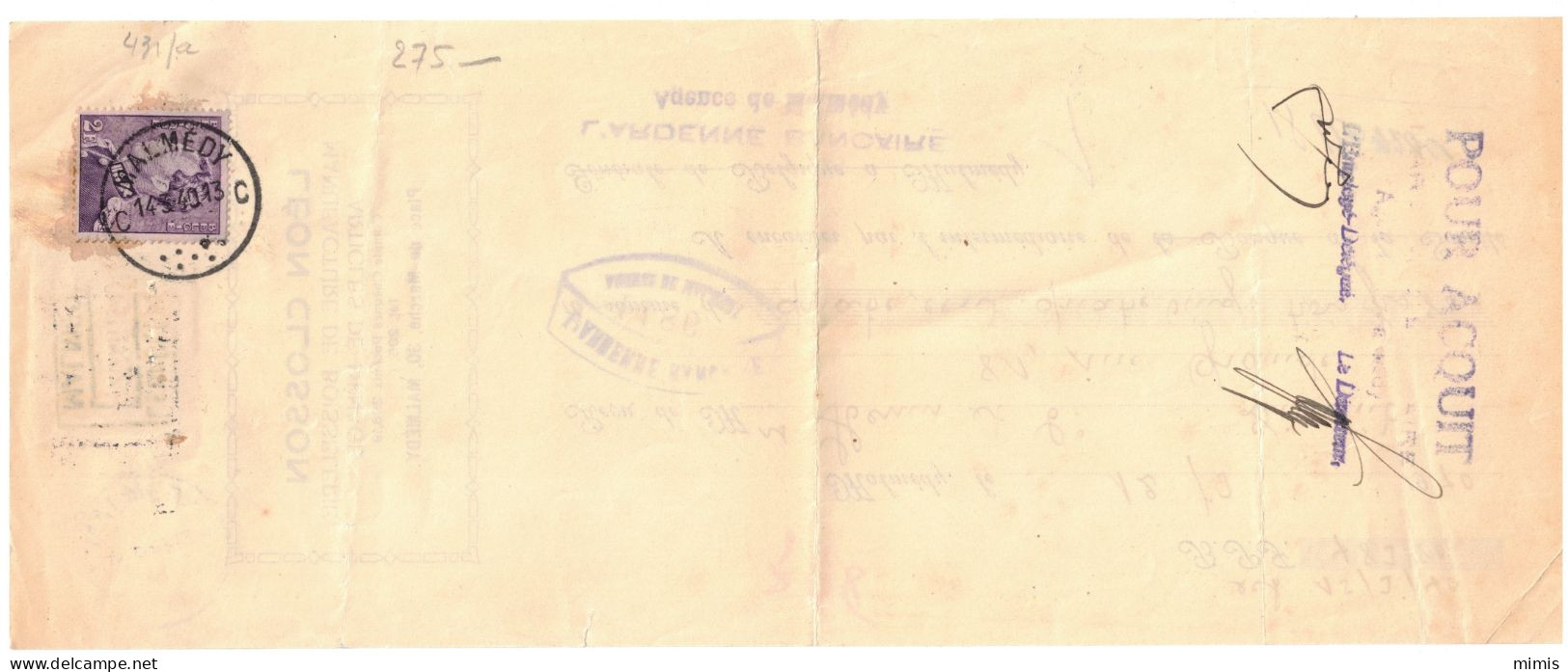 BELGIQUE        Reçu Daté Du 12/03/1940 - Documents