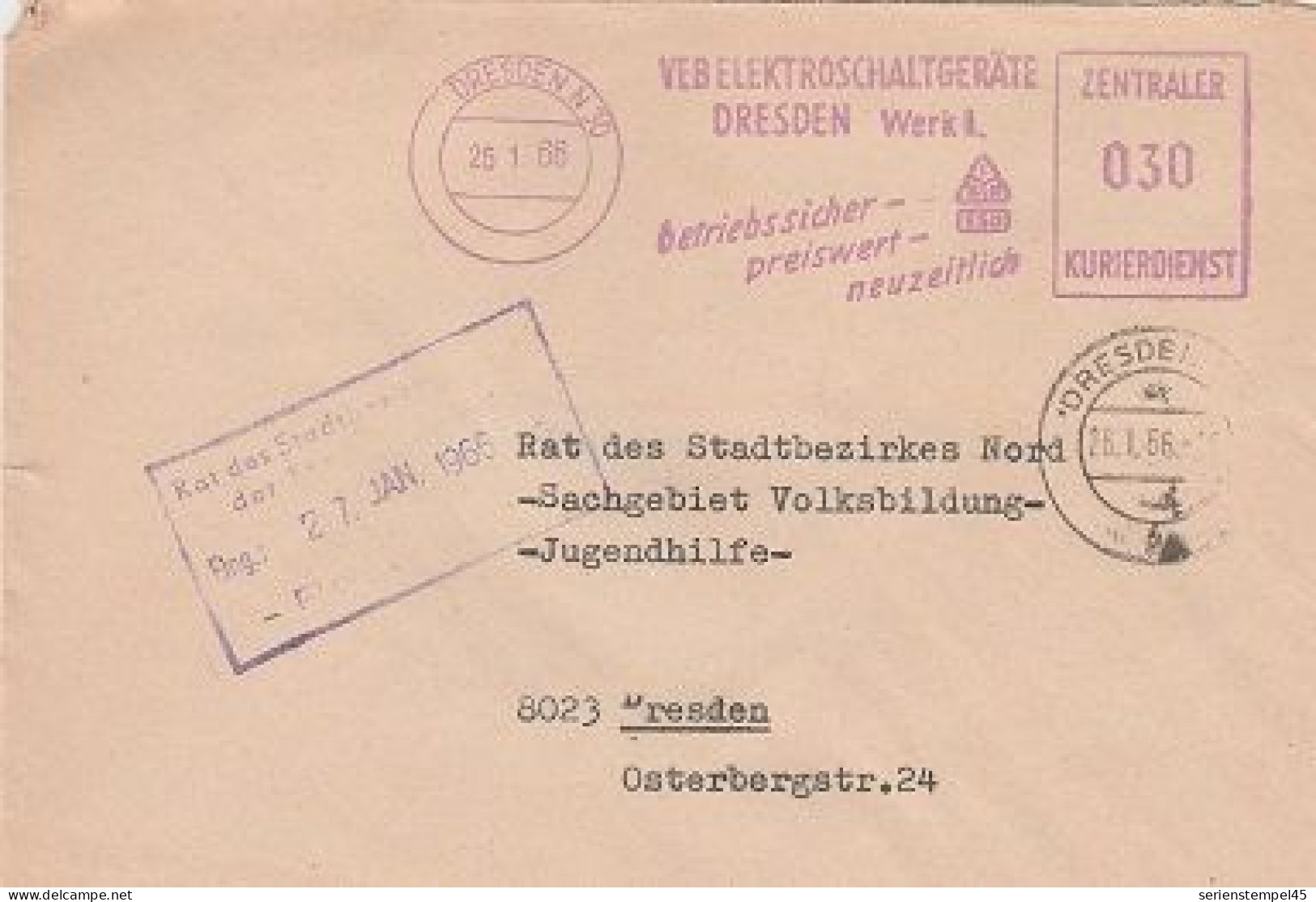 DDR Brief Mit Freistempel Dresden 1966 VEB Elektroschaltgeräte Dresden Werk II. Zentraler Kurierdienst - Machines à Affranchir (EMA)