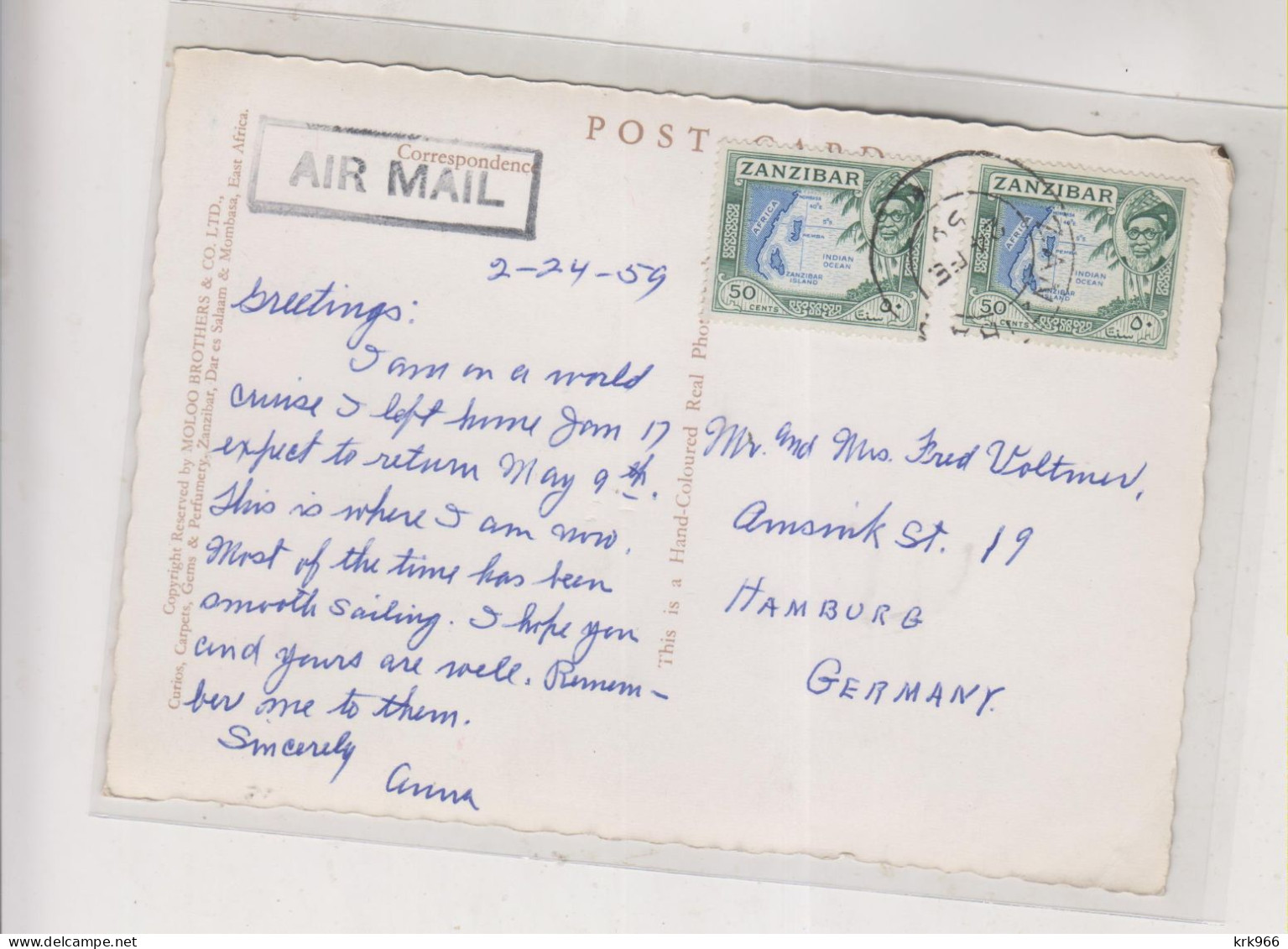 ZANZIBAR 1959 Airmail Postcard To Germany - Zanzibar (...-1963)