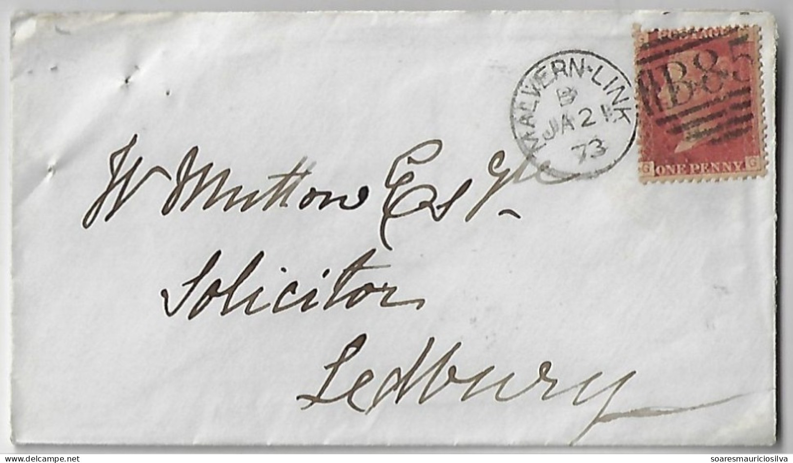 Great Britain 1873 Cover Malvern Link To Ledbury Stamp 1 Penny Red Perforate Corner Letter GG Queen Victoria Plate 145 - Brieven En Documenten