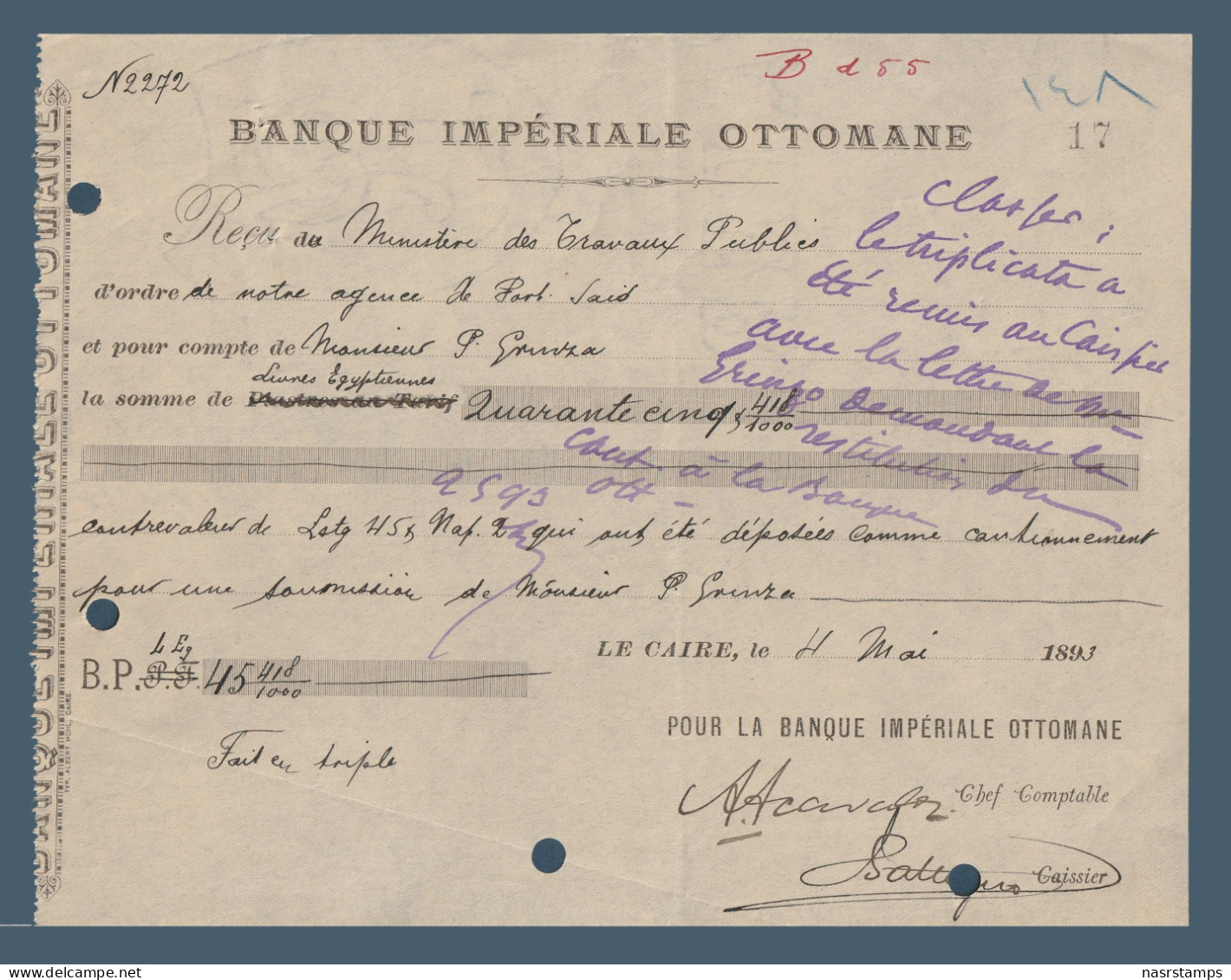 Egypt - 1893 - Vintage Receipt - ( Banque Imperiale OTTOMANE ) - Unused Stamps