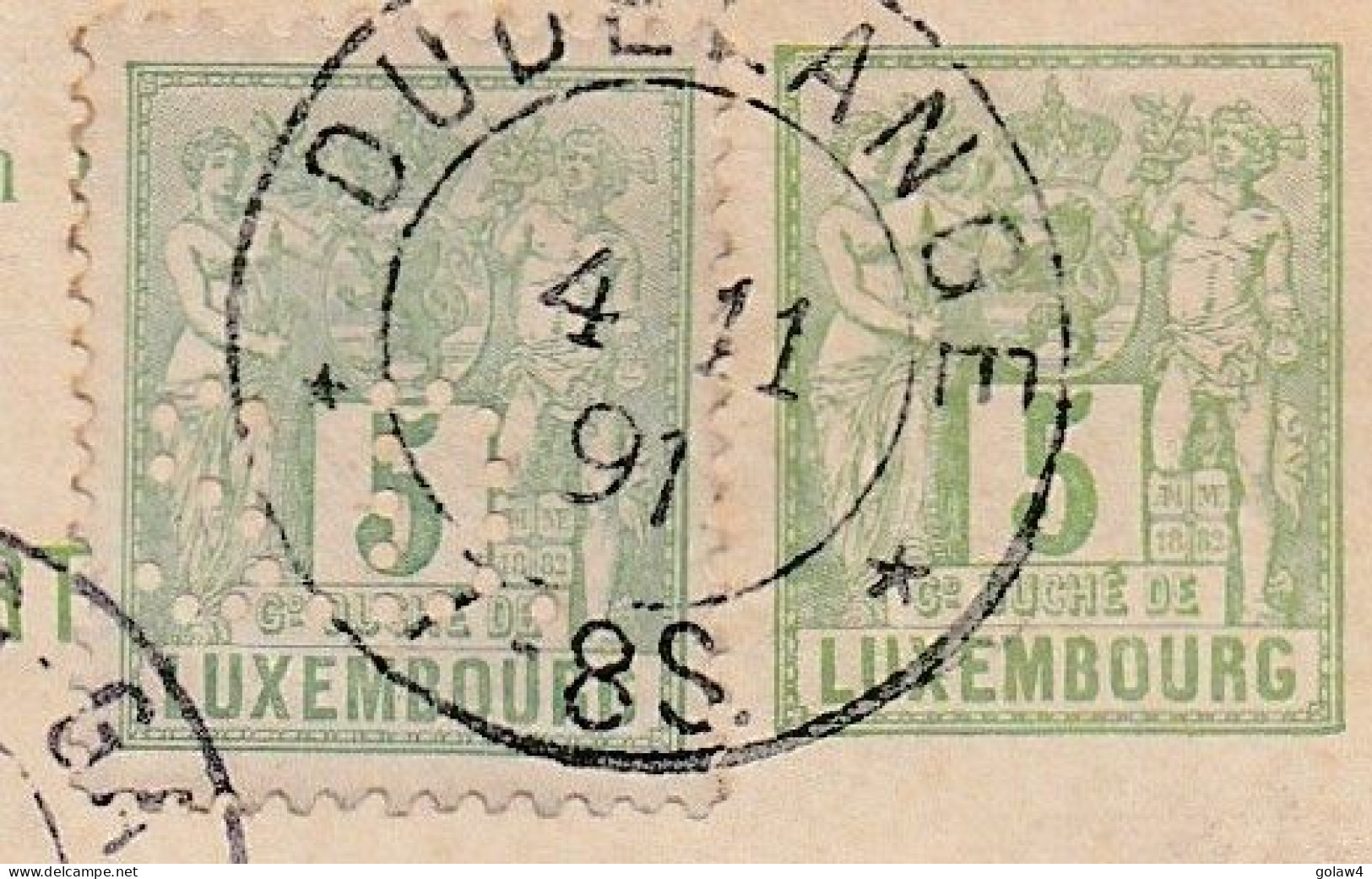 36578# ENTIER POSTAL + TIMBRE PERFORE S.D. STAHLWERK DÜDELINGEN PERFIN Obl DUDELANGE 1891 Pour REMSCHEID - 1882 Allegorie