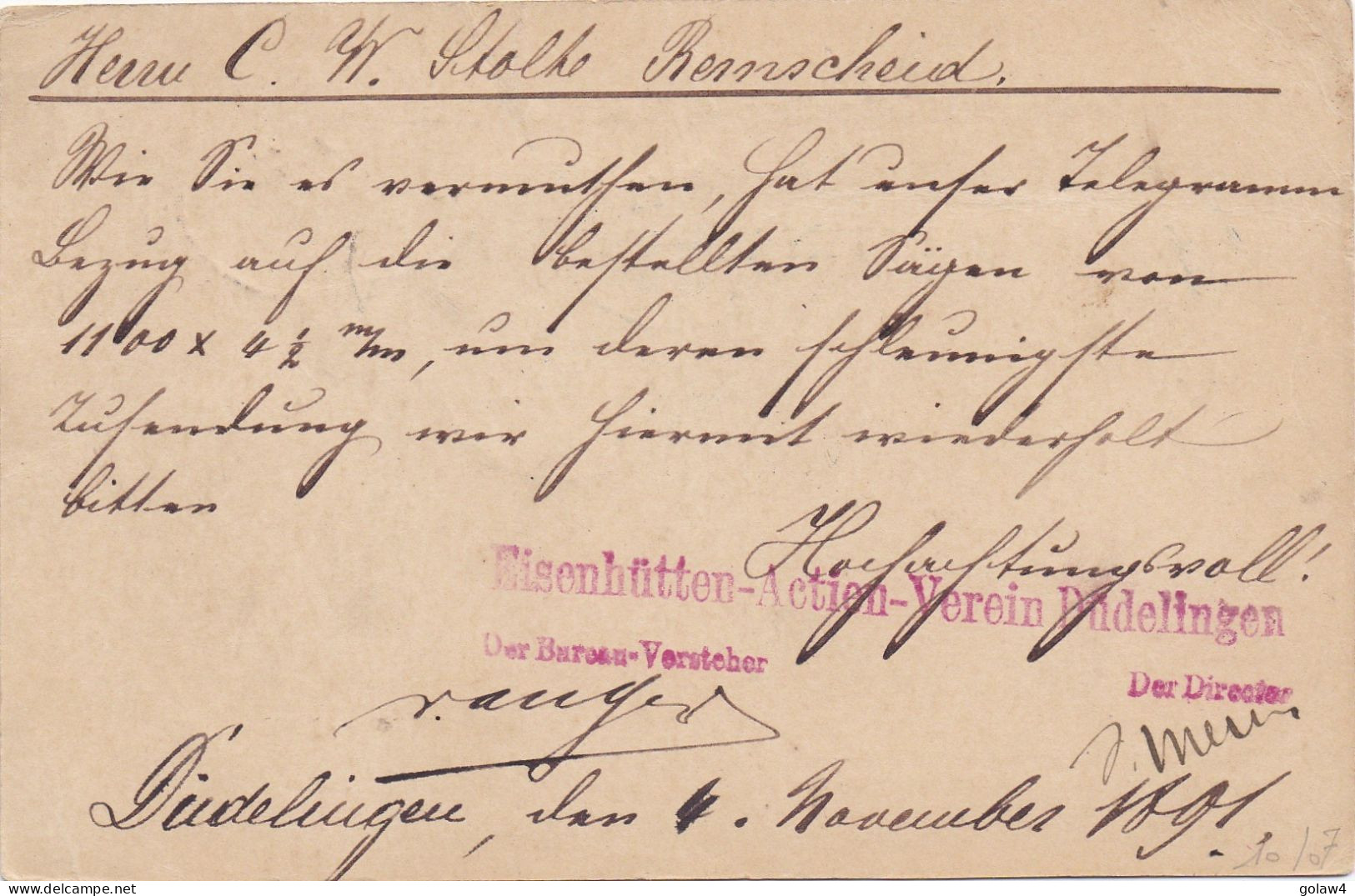 36578# ENTIER POSTAL + TIMBRE PERFORE S.D. STAHLWERK DÜDELINGEN PERFIN Obl DUDELANGE 1891 Pour REMSCHEID - 1882 Allégorie