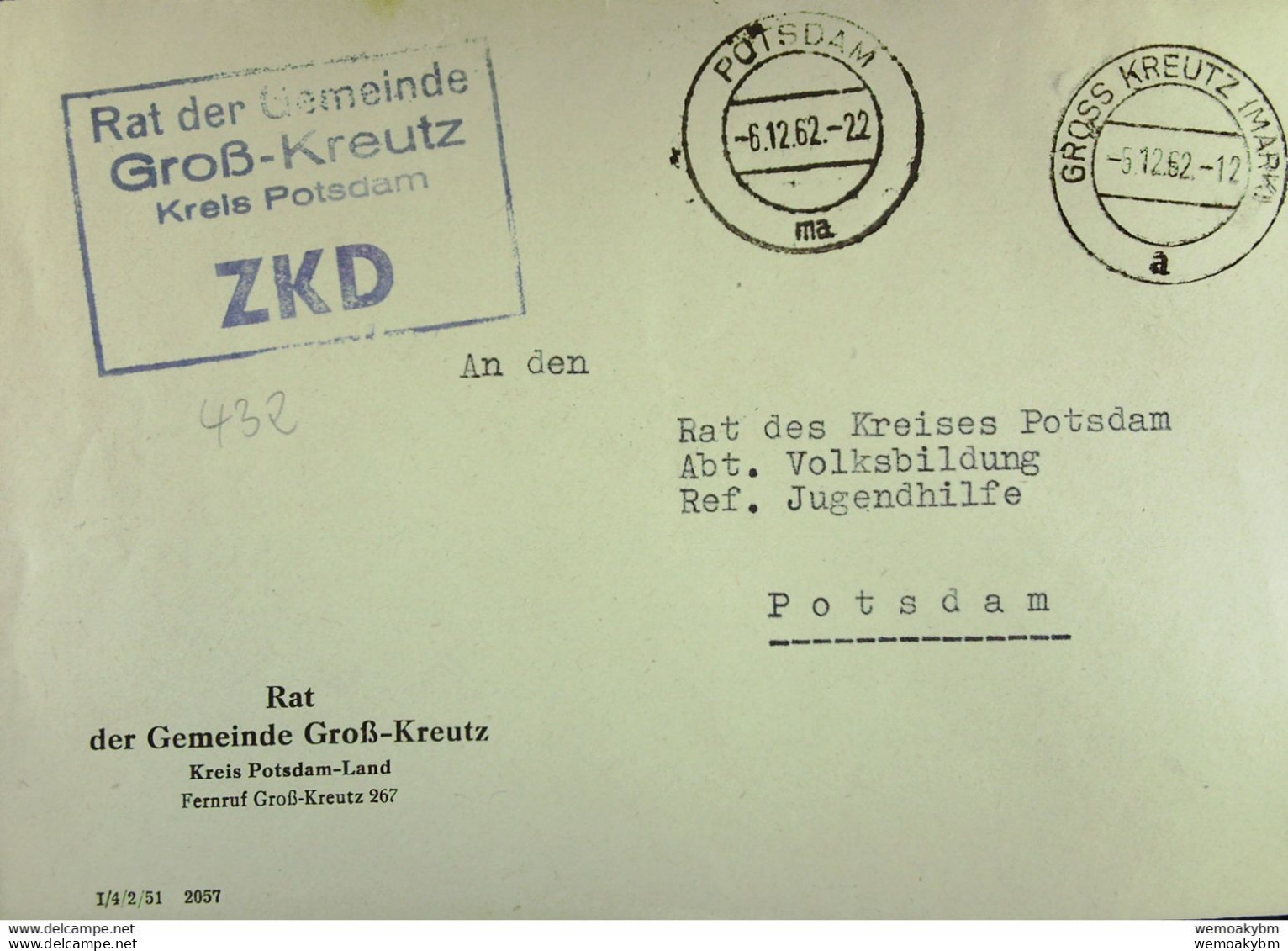 Fern-Brf Mit ZKD-Kastenstpl."Rat Der Gemeinde Groß-Kreutz Kreis Potsdam" GROSS KREUTZ (MARK) 5.12.62 Nach Potsdam - Brieven En Documenten