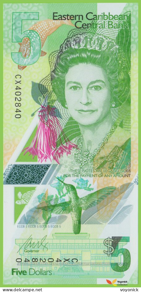 Voyo EAST CARIBBEAN 5 Dollars ND/2021 P56 B240a CX UNC Polymer Queen Elisabeth II - Caraïbes Orientales