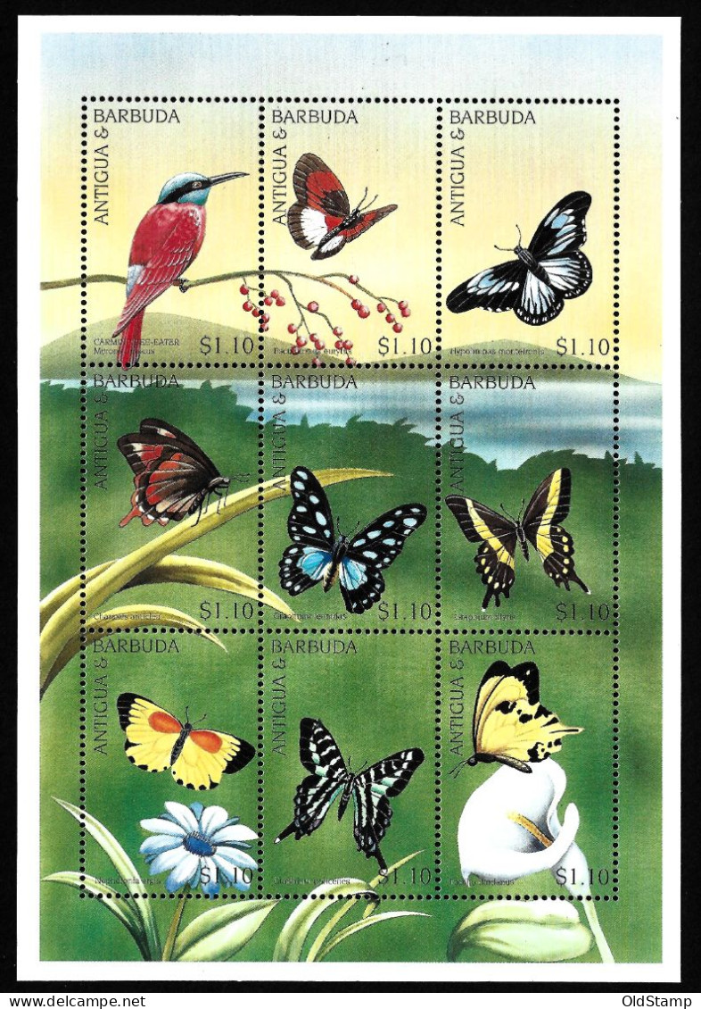 BIRDS Antigua & Barbuda 1999 Butterflys Birds MNH Wild Life Flora Fauna Plants MNH Stamps Block Luxe - Sperlingsvögel & Singvögel