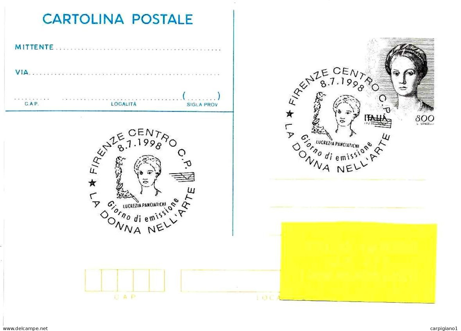 ITALIA ITALY - 1998 FIRENZE Donna Nell'arte (Lucrezia Panciatichi Di Agnolo Bronzino) Cartolina Postale Fdc - 9388 - 1991-00: Marcophilia