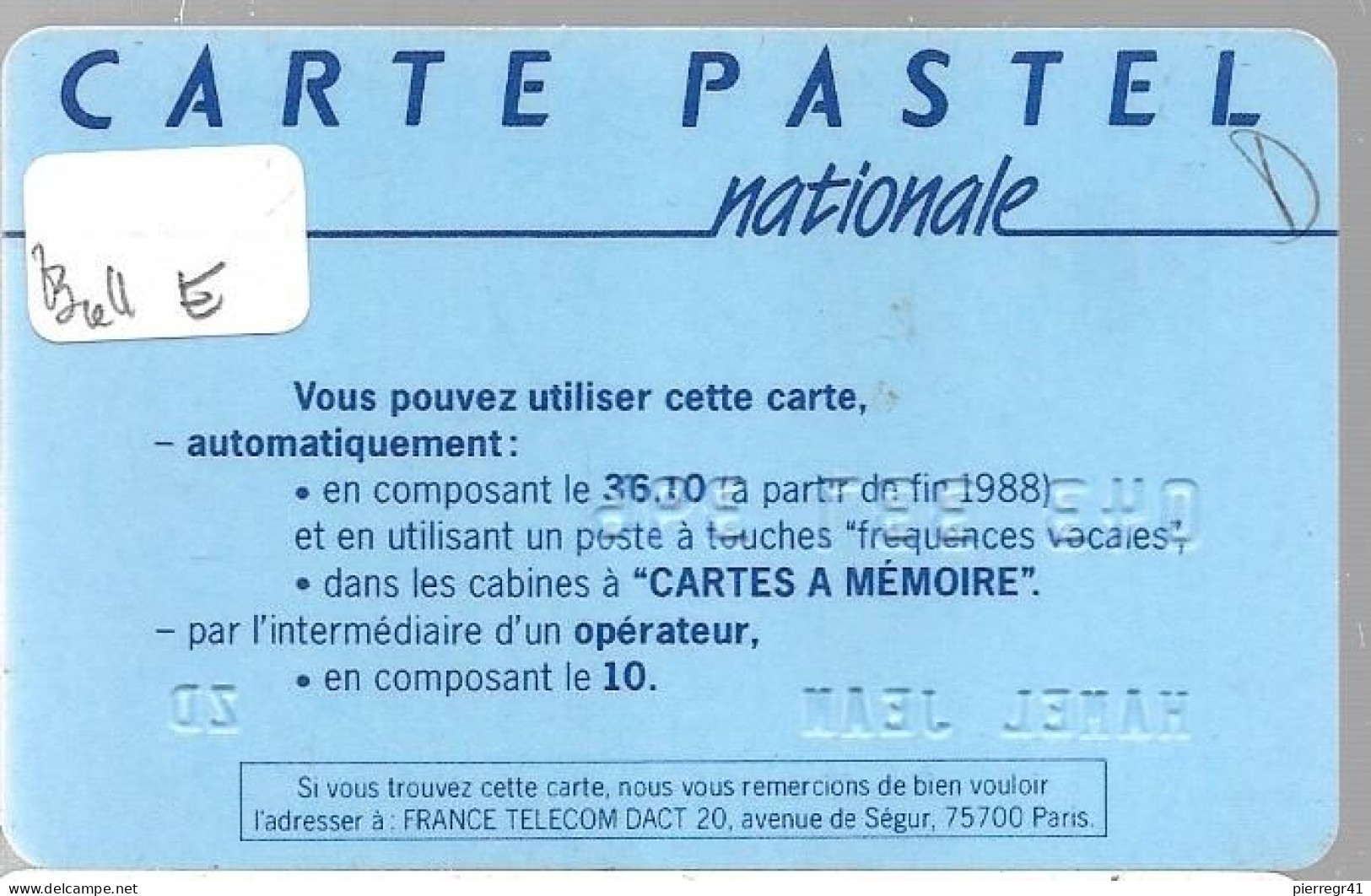 CARTE²° PUCE-BULL E-FRANCE TELECOM-PASTEL-NATIONALE- V°LE 10 / En Bas France Telecom Segur-75700-Paris-TBE -  Kaarten Van De Busdienst Pastel