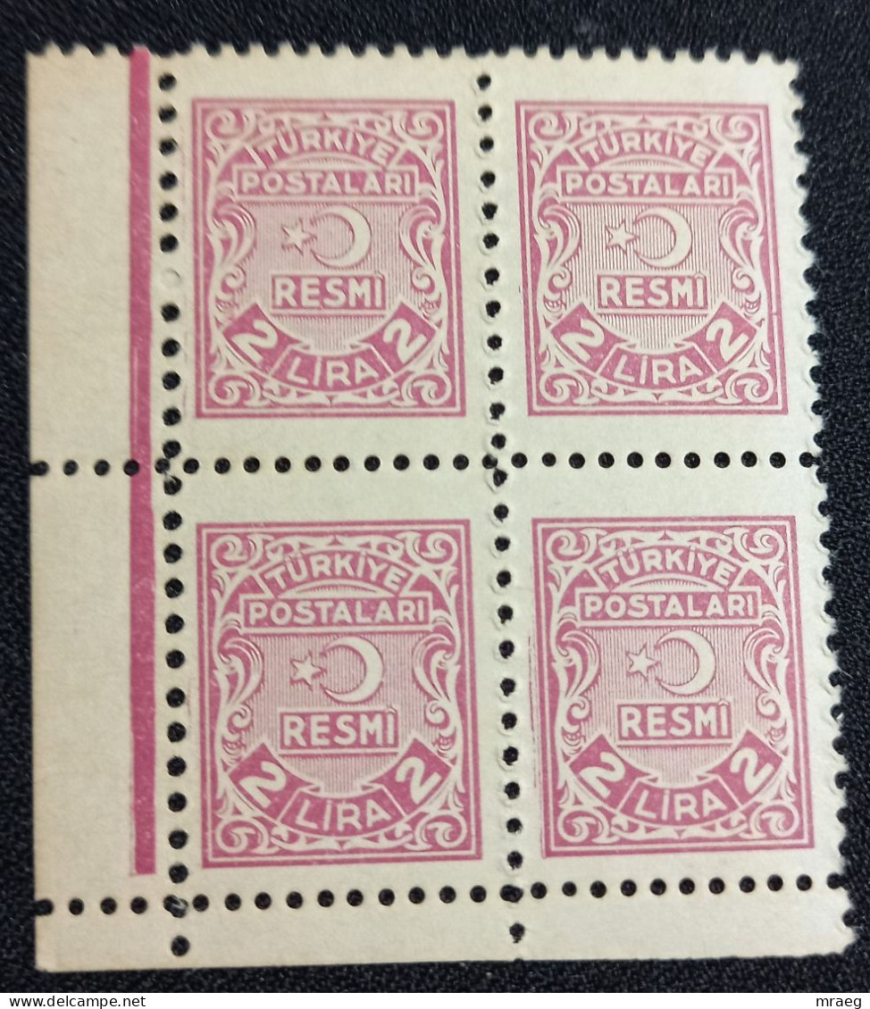 TURKEY 1947 OFFICIAL (RESMİ ) 2 Lira Mnh Unused STAMPS BLOCK OF 4 Rare. - Neufs