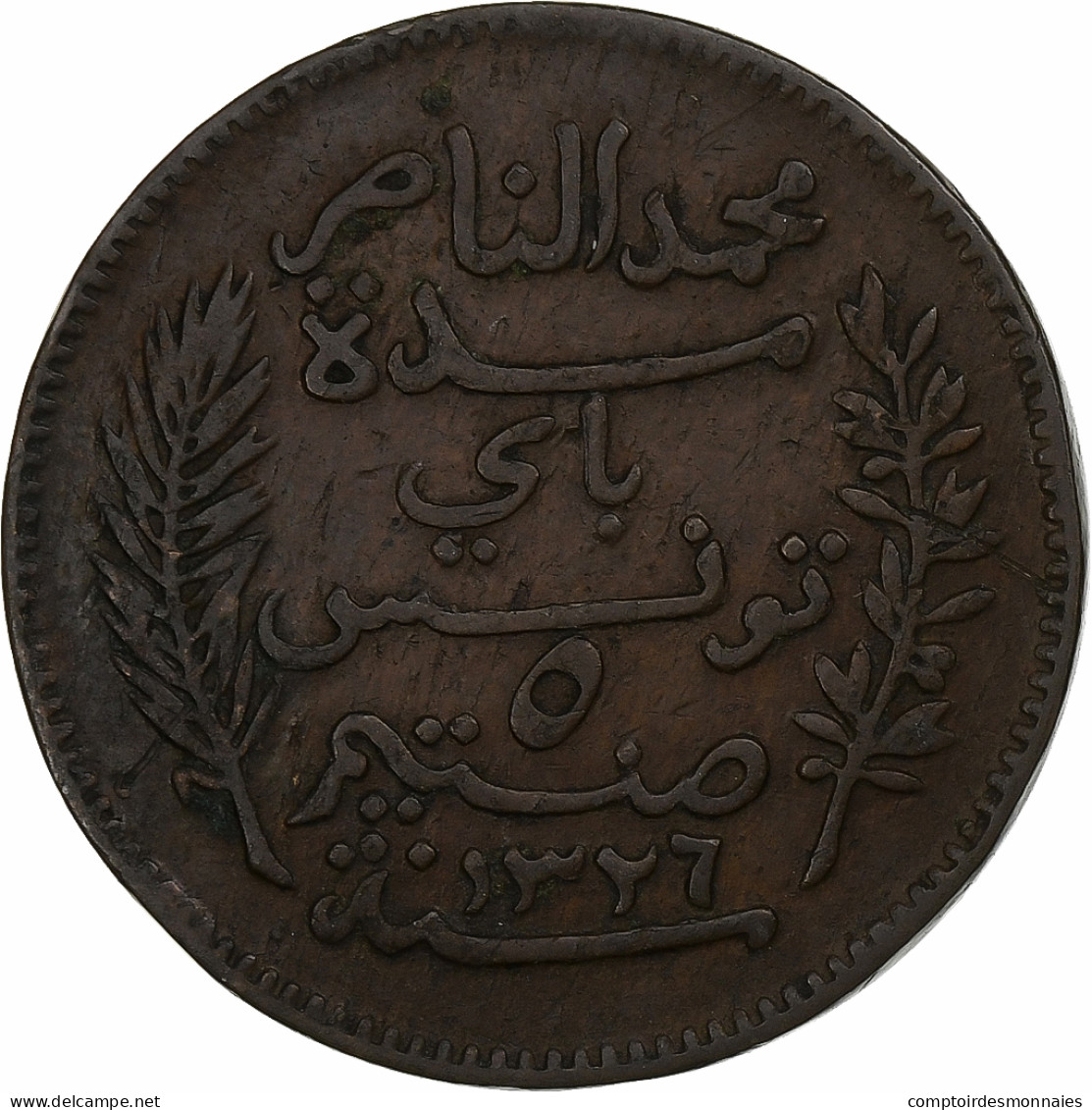 Tunisie, Muhammad Al-Nasir Bey, 5 Centimes, 1908, Paris, Bronze, TTB, KM:235 - Tunisie