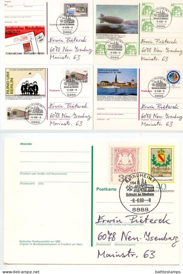 Germany, West 1988 5 Different Postal Cards With Blindheim -8.-8.88-8 Date, 8888 Postcode Postmarks - Postales Ilustrados - Usados