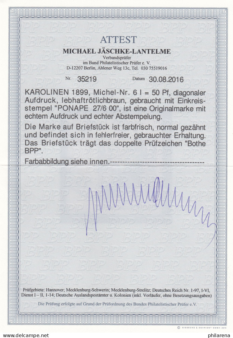 Karolinen: MiNr. 6/I, Stempel Ponape 1900, Briefausschnitt, BPP Attest - Carolines