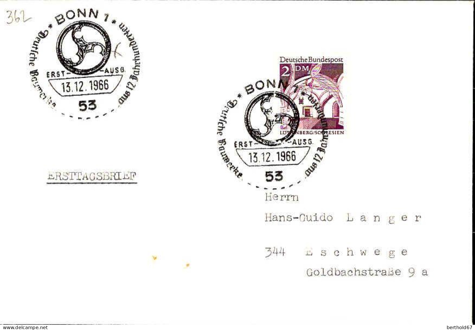 RFA Poste Obl Yv: 362 Mi:503 Rathaus Löwenberg Schlesien (TB Cachet à Date) Fdc Bonn 13-12-66 - 1961-1970