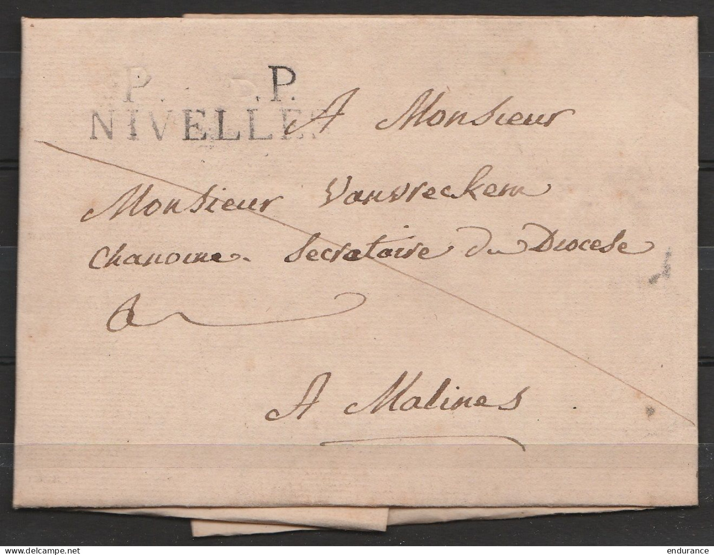 L. Datée 1819 De NIVELLES Pour MALINES - Griffe "P.P./NIVELLES" (port "3" Au Dos) - 1815-1830 (Dutch Period)