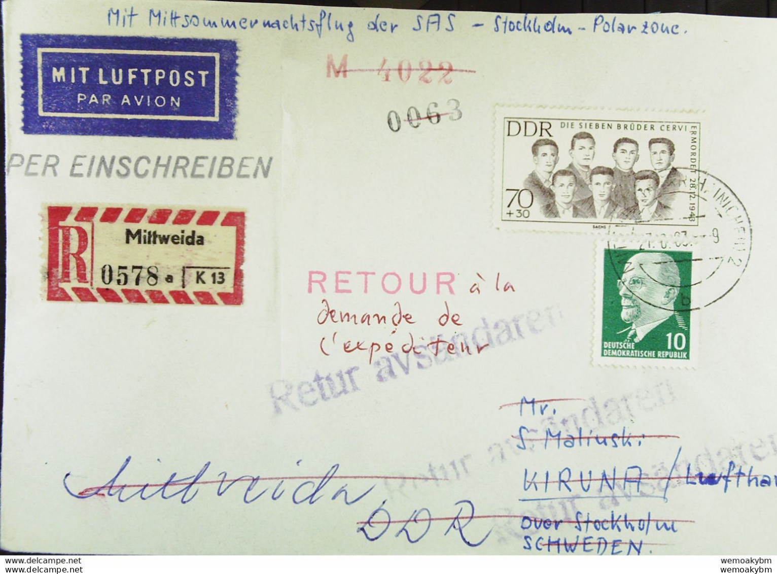 DDR: Luftpost-R-Brief "Mittsommernachtsflug Der SAS" BERLIN-STOCKHOLM/KIRUNA 27.6.1963 Mit 70 Pf 7 Brüder  Knr: 922, Ua. - Franking Machines (EMA)