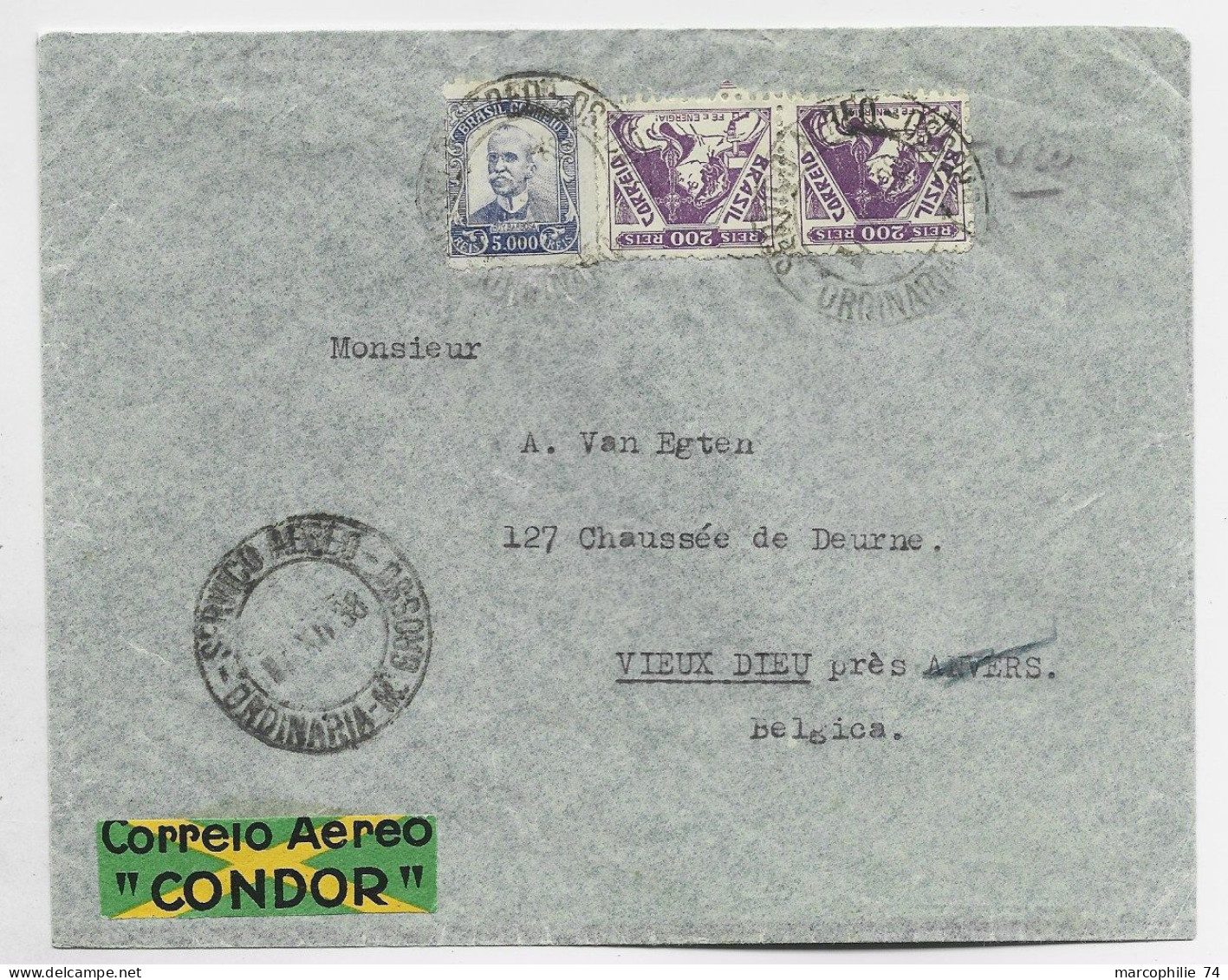 BRASIL 200RX2+5.000 LETTRE COVER CORREIO AEREO CONDOR GROSSO 1938 TO BELGIQUE - Covers & Documents