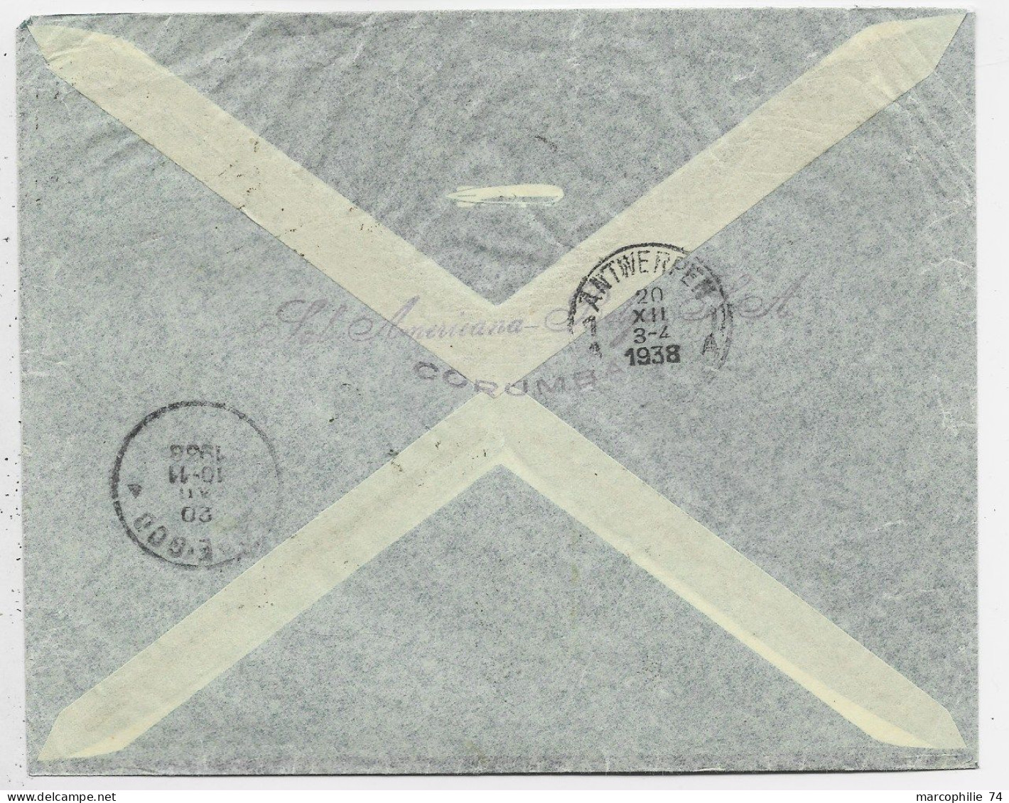 BRASIL 200RX2+5.000 LETTRE COVER CORREIO AEREO CONDOR GROSSO 1938 TO BELGIQUE - Briefe U. Dokumente