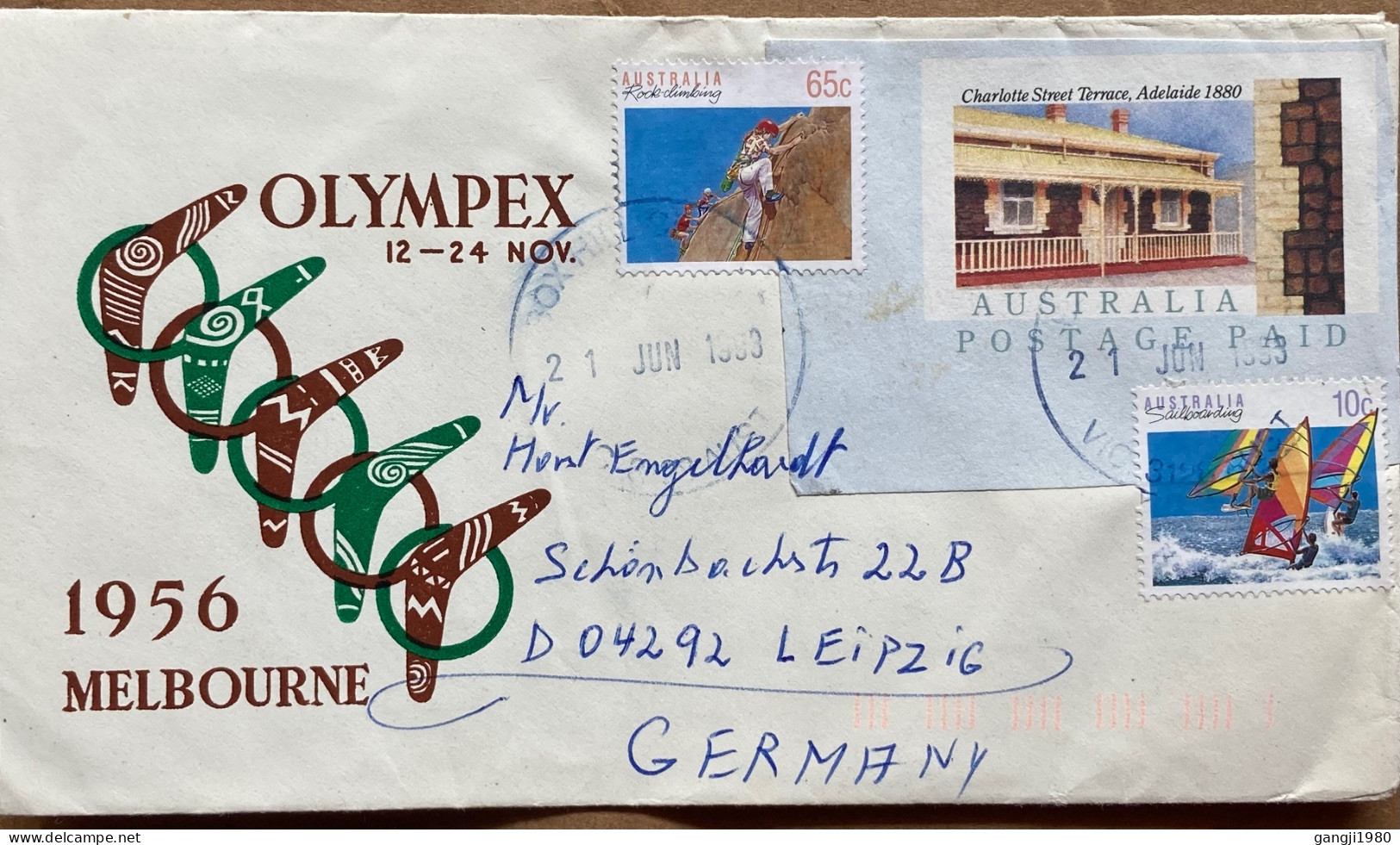 AUSTRALIA 1993, COVER USED TO GERMANY, STATIONERY CUT OUT, USED AS STAMP, 1956 OLYMPEX COVER, ROCK CLIMBING, SAIL BOARDI - Lettres & Documents