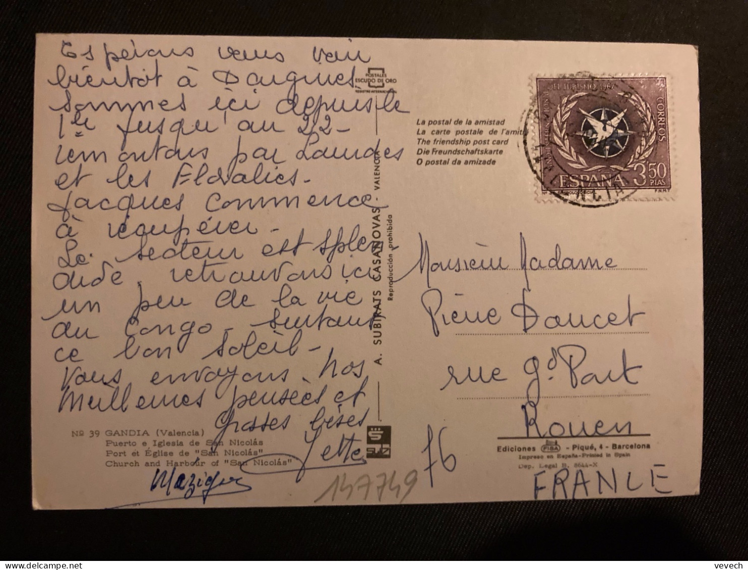CP Pour La FRANCE TP TURISMO 1967 3,50P OBL.19 AGO 67 VALENCIA - Lettres & Documents