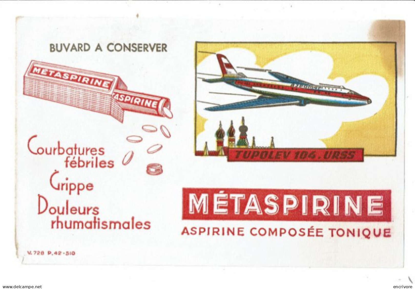 2 Buvard METASPIRINE Aviation Avion DE HAVILLAND Grande Bretagne TUPOLEV URSS - Drogerie & Apotheke