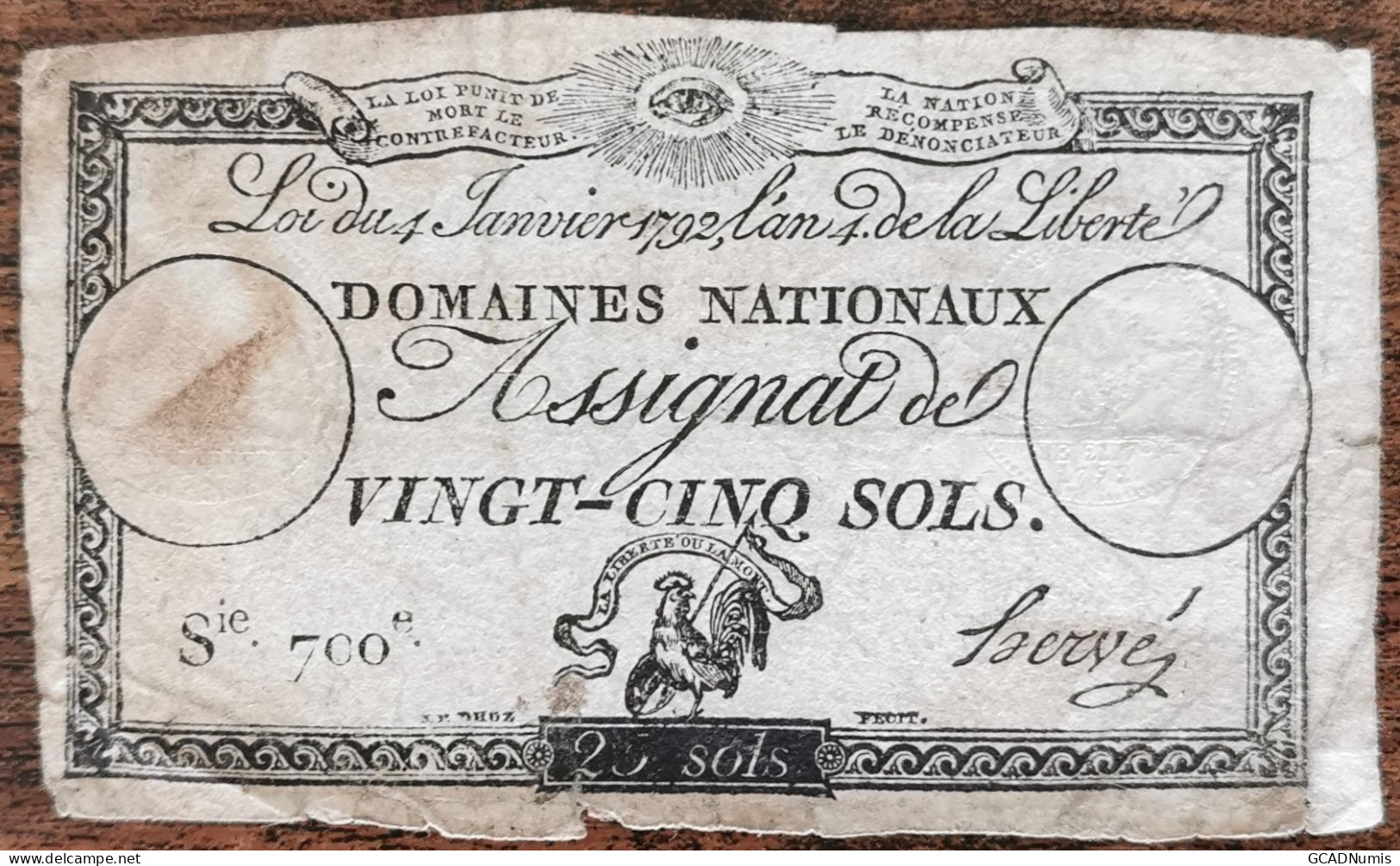 Assignat 25 Sols - 4 Janvier 1792 - Série 700 - Domaine Nationaux - Assignats & Mandats Territoriaux