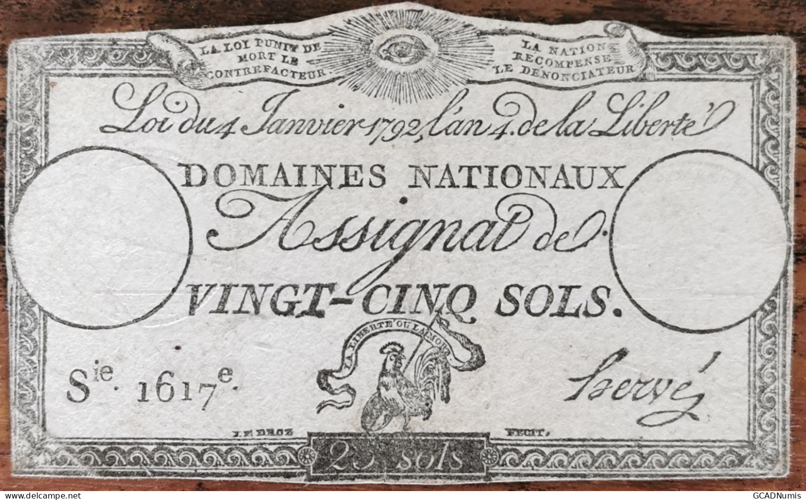 Assignat 25 Sols - 4 Janvier 1792 - Série 1617 - Domaine Nationaux - Assignats & Mandats Territoriaux