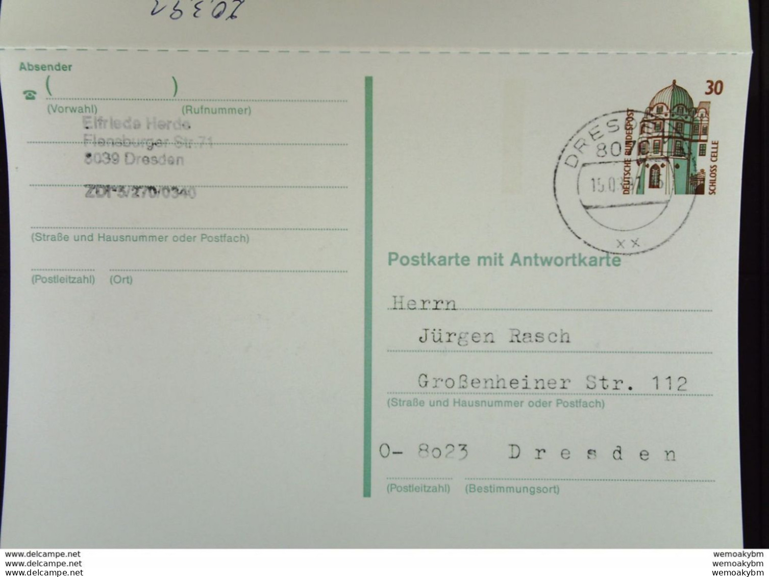 BRD-VGO: Gs-Karte Mit 30 Pf Celle Kompl. Gest. Dresden 15.3.91 U. Dresden 21.3.91-diese Gs Gab Es Nur Im VGO! Knr: P148 - Cartoline - Usati