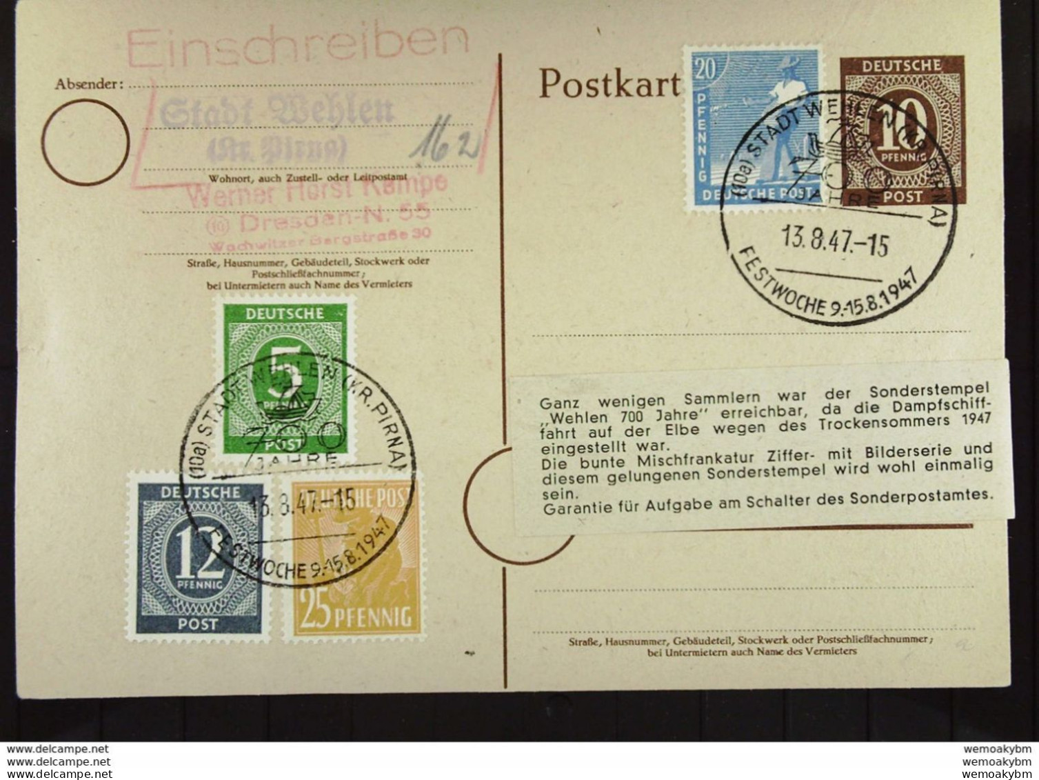 SBZ: Gs-Karte Mit SoStpl. "700 J. Stadt Wehlen" Vom 13.8.47, Einschreib-Stpl.(162) Knr: P 952a Ua. - Entiers Postaux