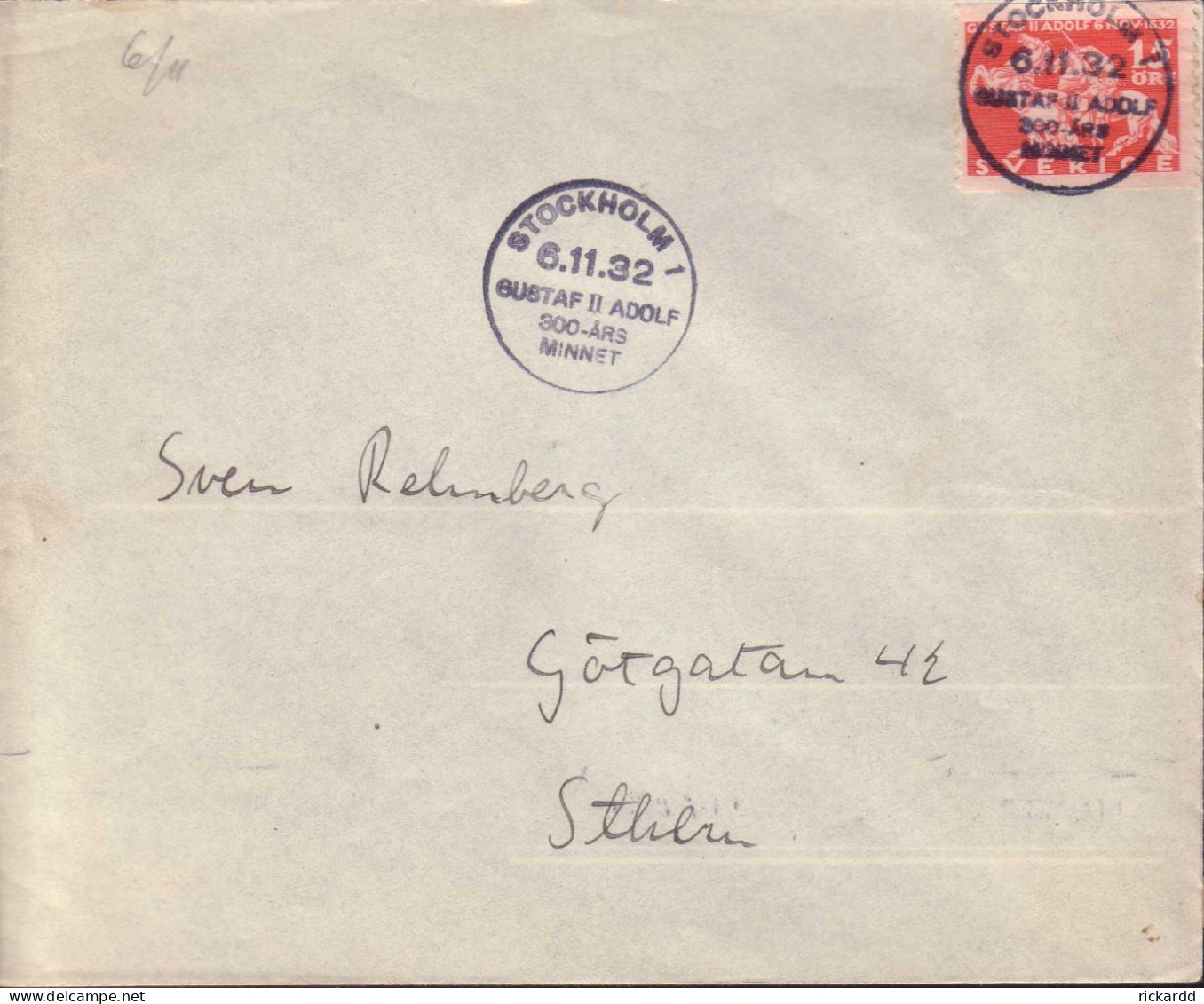 Sweden - Envelope 15 öre Lützen, Special Cancellation 6.11.32 - 1920-1936 Coil Stamps I