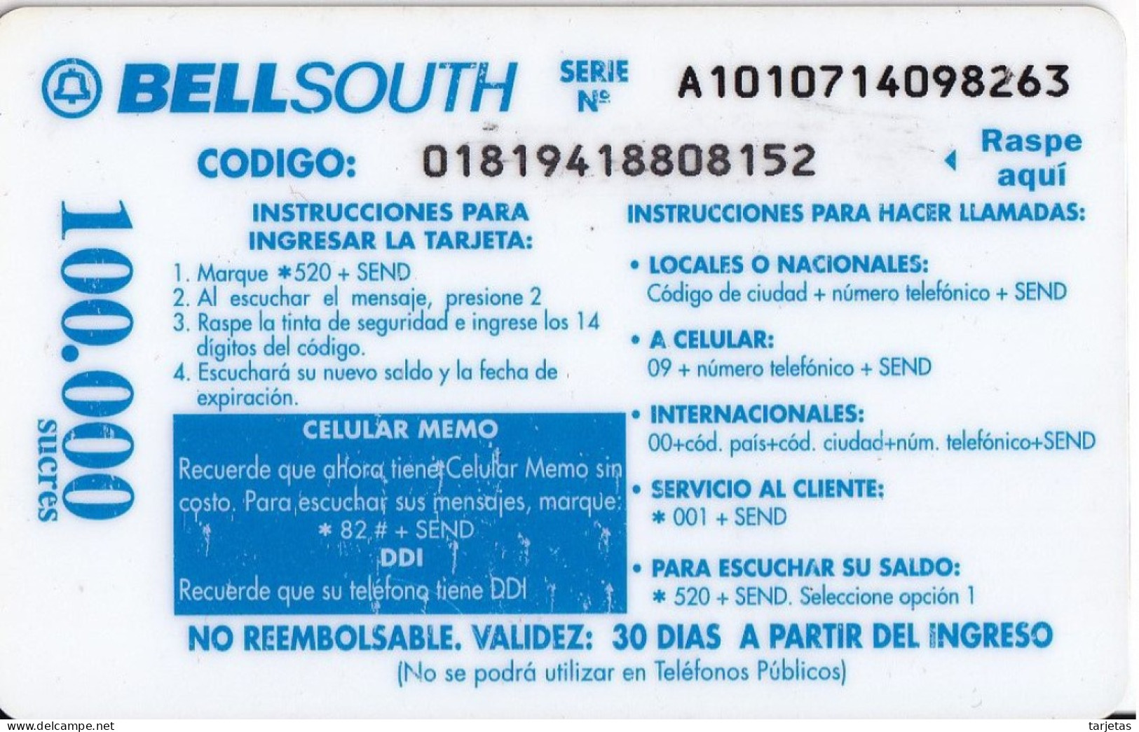 TARJETA DE ECUADOR DE UN OSO DE ANTEOJOS (BEAR) VALIDEZ 30 DIAS - Ecuador