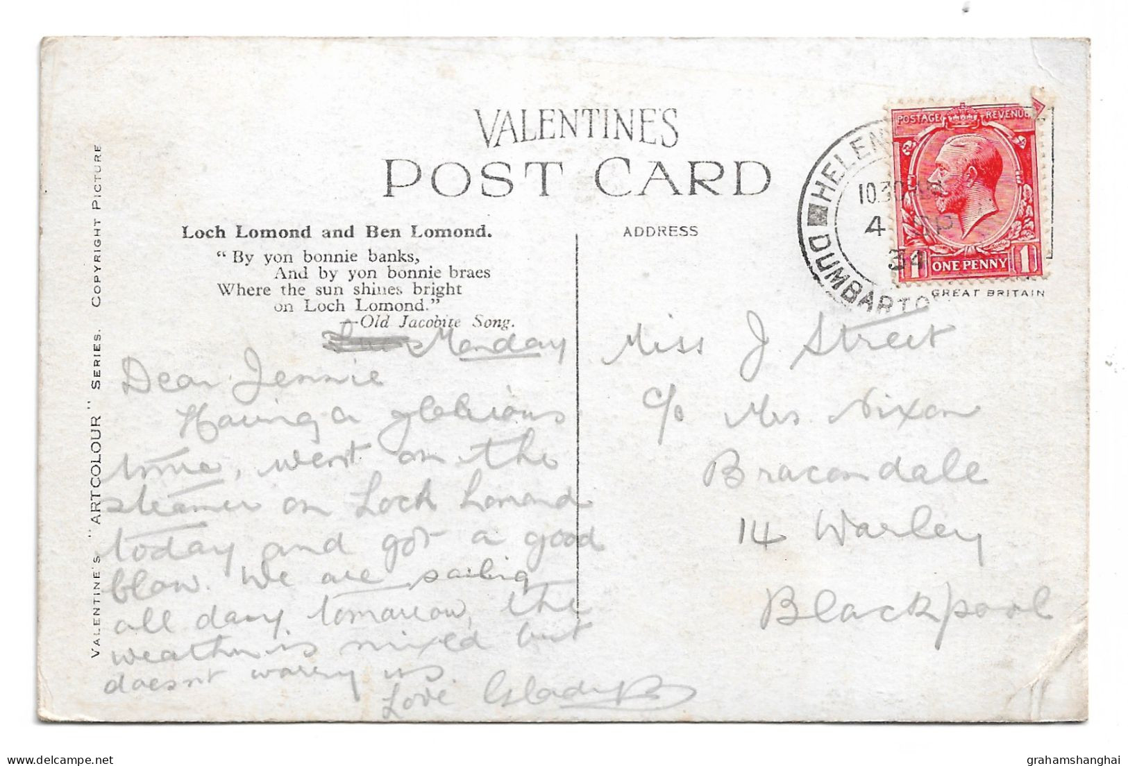 Postcard UK Scotland Argyllshire Loch Lomond & Ben Lomond Valentines Posted 1934 - Argyllshire