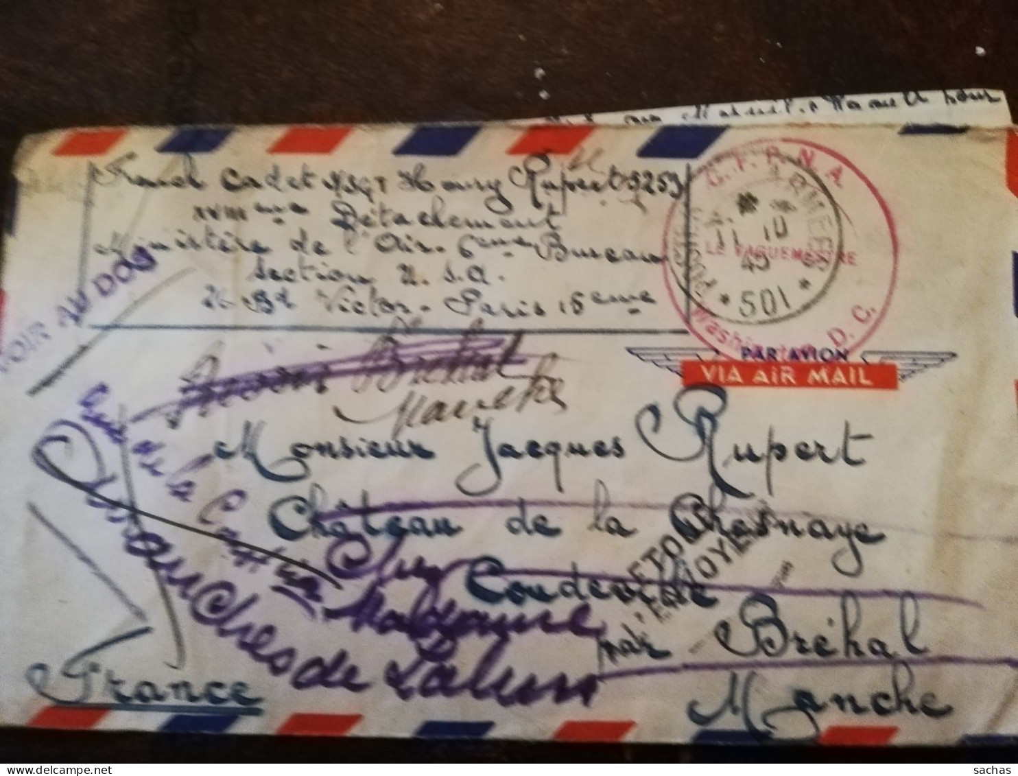 Courrier Du C.F.P.N.A. 29 07 1945 De Washington Pour Bréhal Manche Château De La Chesnaye à Coudeville - Briefe U. Dokumente