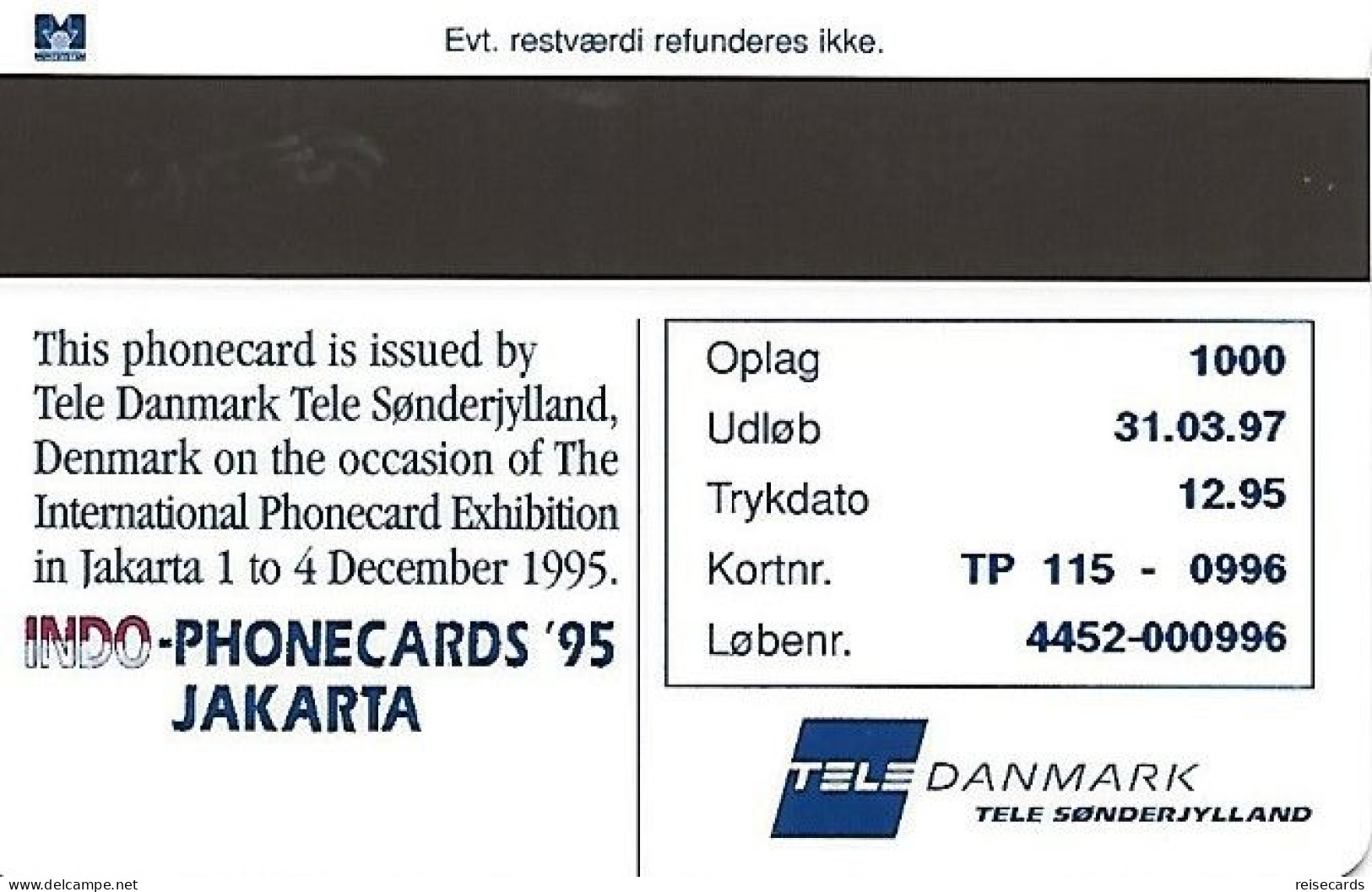 Denmark: Tele Danmark/Tele Soenderjylland - Int. Phonecard Exhibition Jakarta '95 - Denmark
