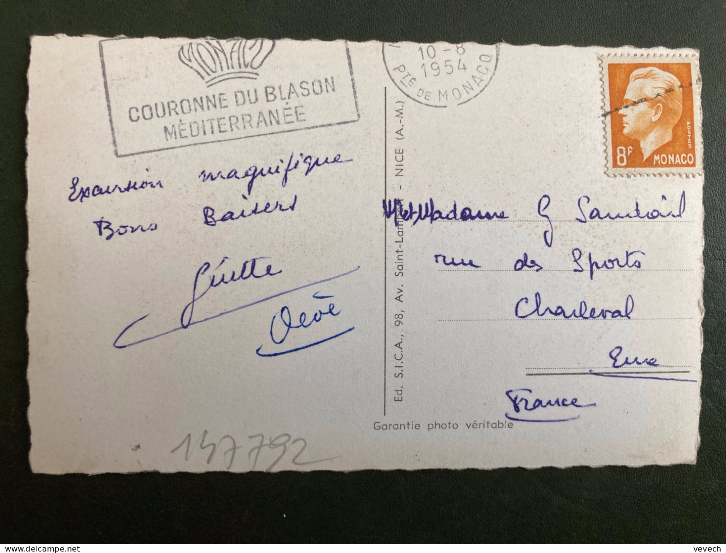 CP Pour La FRANCE TP RAINIER III 8F Annulé à L'arrivée Par Cachet Linéaire Tirette + OBL.MEC.10-8 1954 Pte DE MONACO - Lettres & Documents