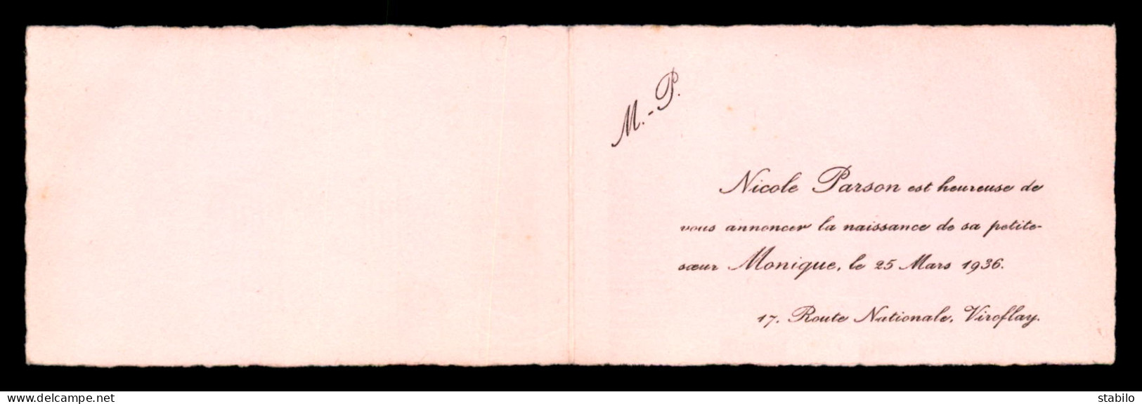 FAIRE-PART - NAISSANCE DE MONIQUE, 47 ROUTE NATIONALE A VIROFLAY (YVELINES) - FORMAT 10.7 X 6.7 CM - Naissance & Baptême