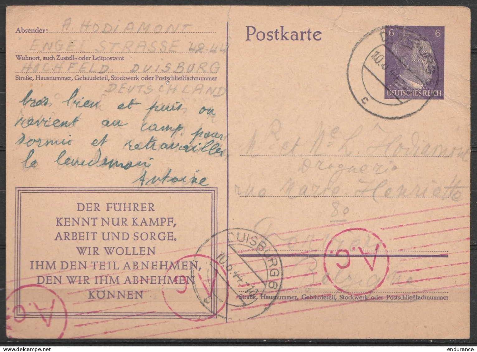 EP Poskarte 6pf Violet - Càd DUISBURG /10.6.1944 De Prisonnier Dans Camp De Travail Pour VERVIERS - Repiqué "Der Führer  - Guerre 40-45 (Lettres & Documents)