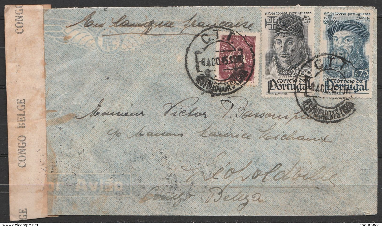 Portugal - L. Affr. 5$75 Càpt C.T.T./8 AGO.1945/… Pour LEOPOLDVILLE - Bande Censure Congo Belge - Cartas & Documentos