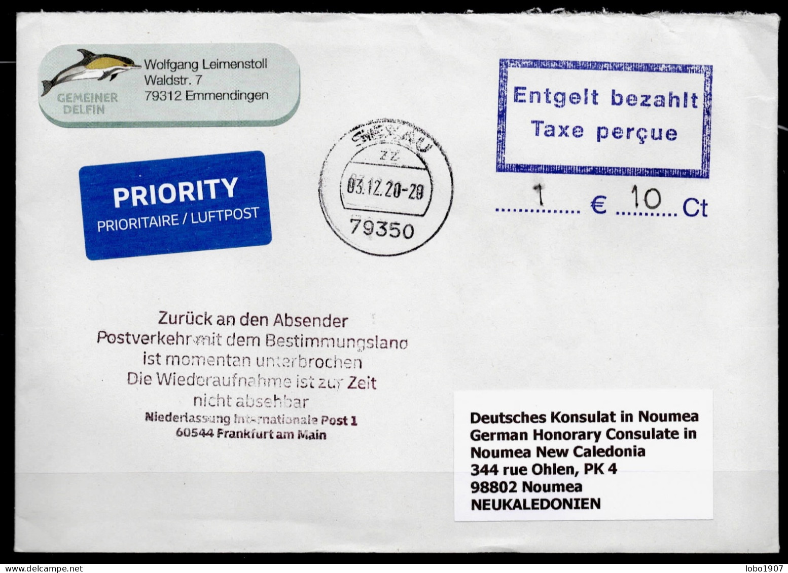 Corona Covid 19 Postal Service Interruption "Zurück An Den Absender.. " Reply Coupon Paid Cover To NOUMEA NEW CALEDINIA - Lettres & Documents