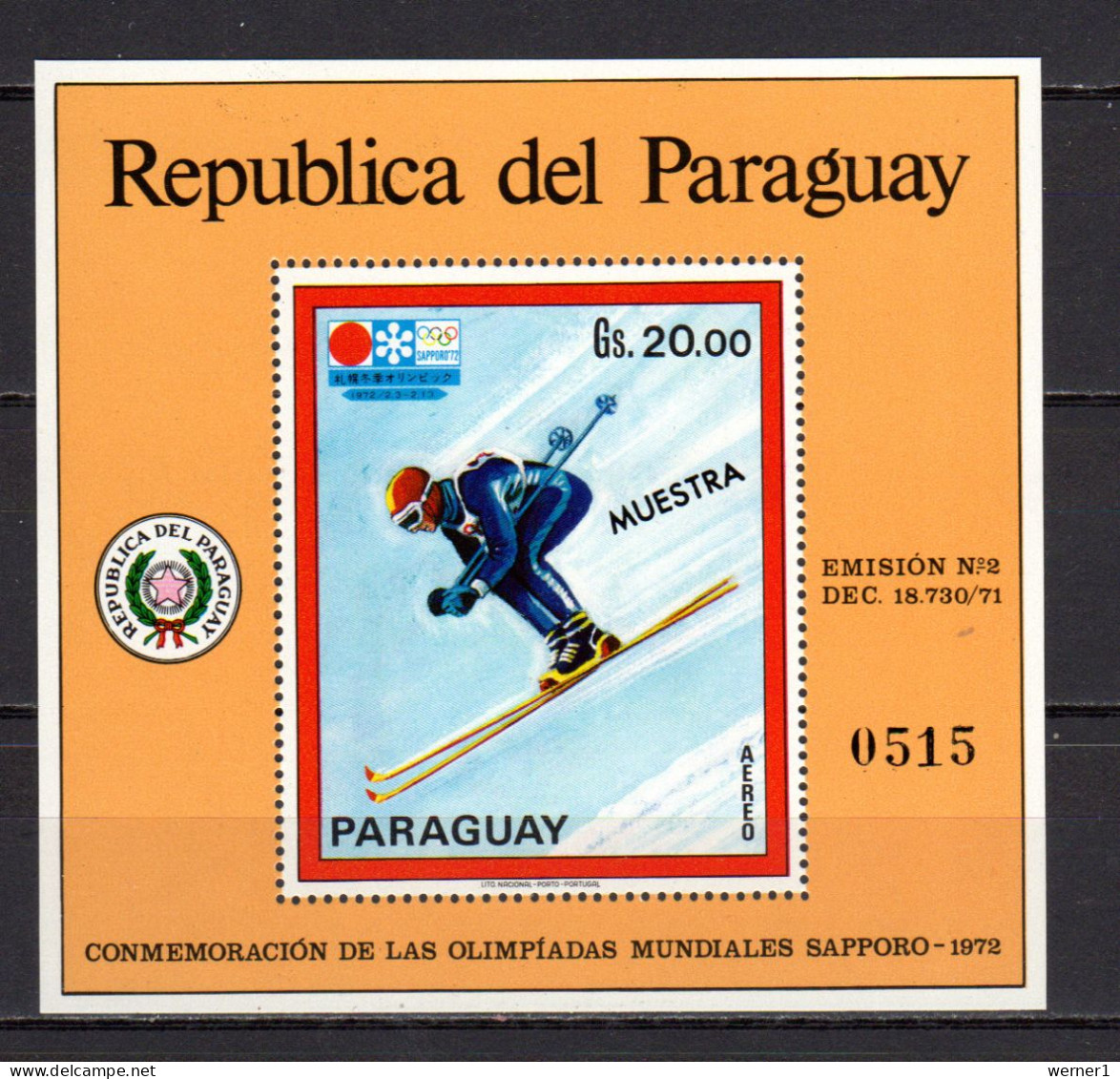 Paraguay 1971 Olympic Games Sapporo S/s With "Muestra" Overprint MNH - Hiver 1972: Sapporo