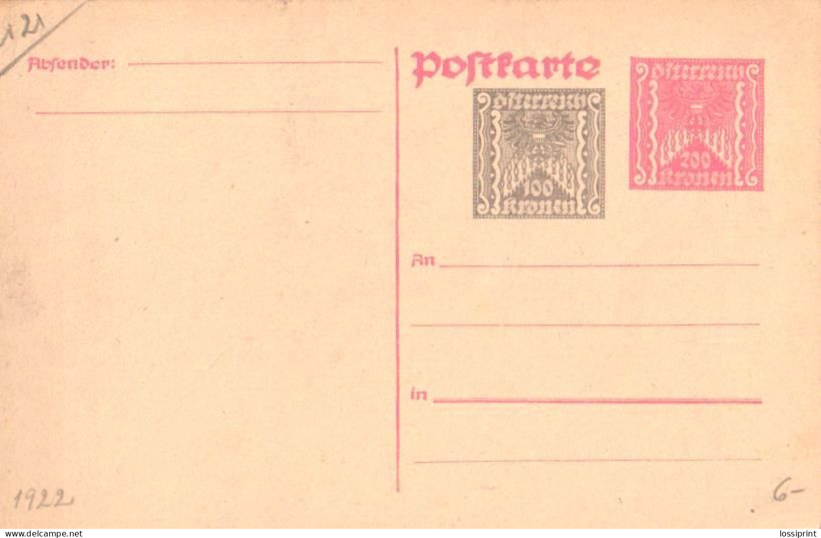 Austria:Postal Stationery 200 Kronen With Overprint 100 Kronen, 1922 - Postkarten