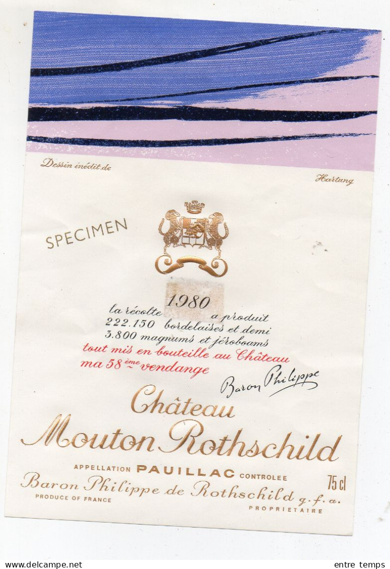 Etiquette Spécimen Vin  Mouton Rotchschild 1980 Pauillac - Bordeaux