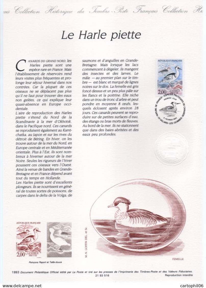 - Document Premier Jour LES CANARDS : Le Harle Piette - VILLARS-LES-DOMBES 6.2.1993 - - Canards