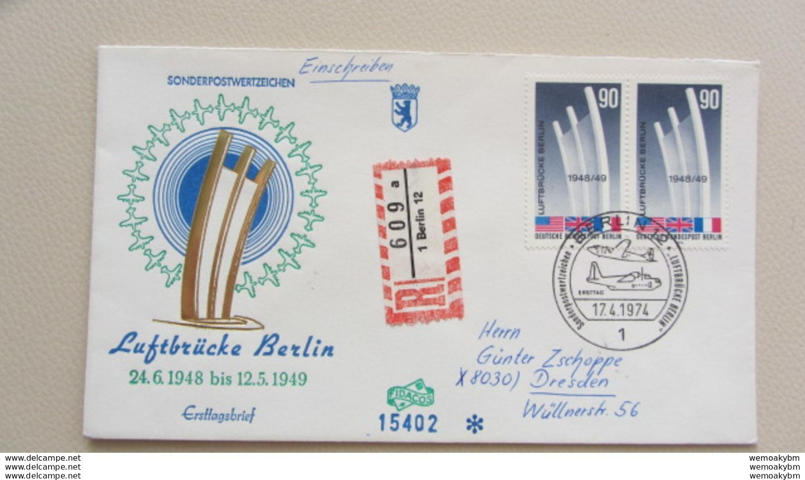 Berlin: Fern-R-Brief FDC Mit 90 Pf Luftbrücke Im Waager. Paar SoSt. Berlin 12 Vom 17.4.74 Nach Dresden(DDR) Knr: 466 (2) - Briefe U. Dokumente