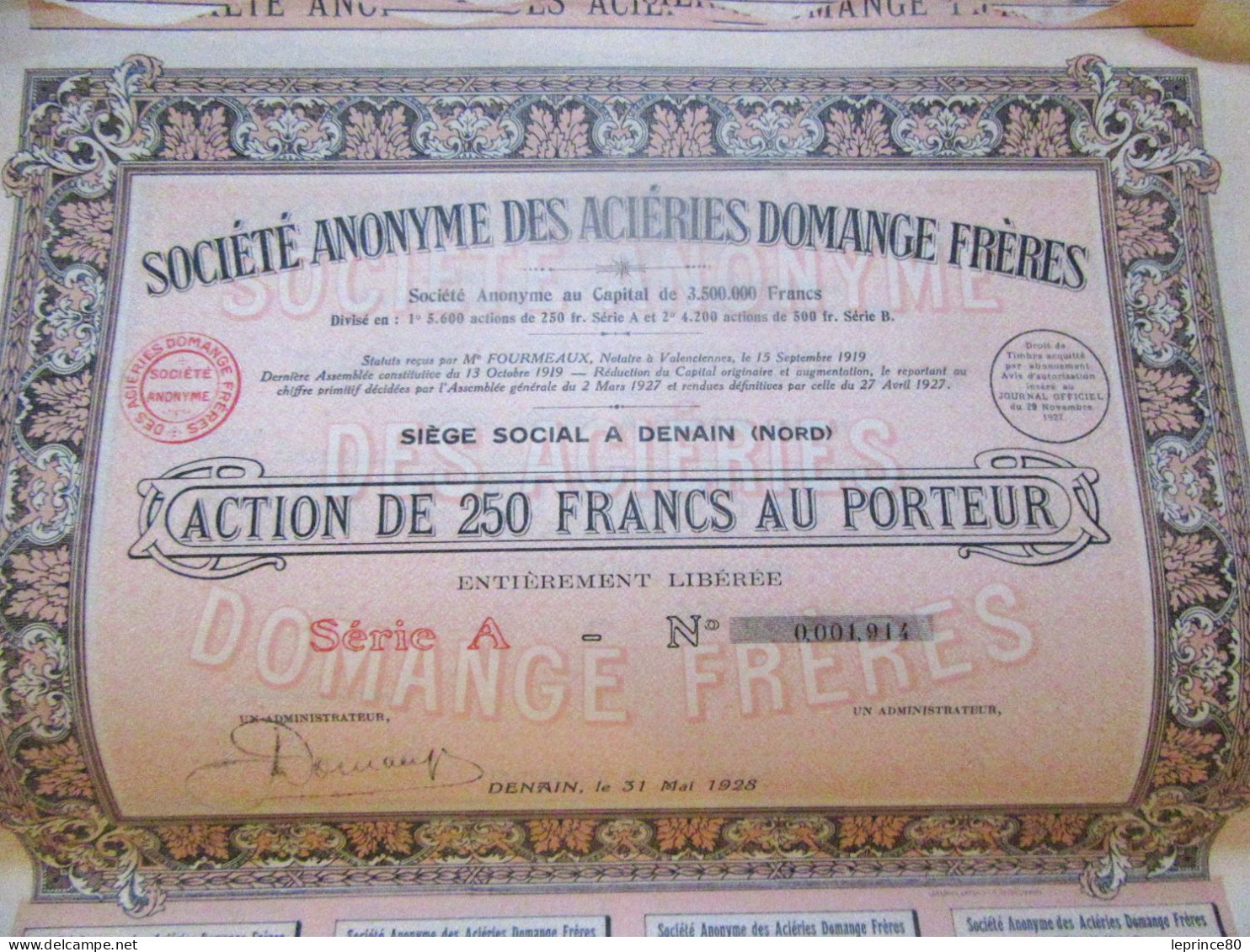 DENAIN- ACTION DE 250 FRANCS AU PORTEUR - SOCIETE DES ACIERIES DOMANGE FRERES- LOT DE  99 - Industry