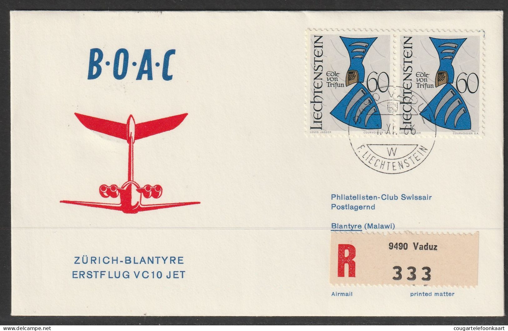 1966, BOAC, Erstflug, Liechtenstein - Blantyre Malawi - Poste Aérienne